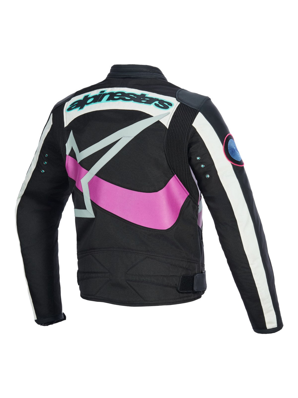Alpinestars Idles damesjas achteraanzicht, zwart met gebroken wit en paars, voorzien van een groot roze rondomlopend sterlogo, teal tekstlogo en metalen oogjes op de mouwen, vintage-geïnspireerd ontwerp met accordeonpanelen voor stedelijk motorrijden