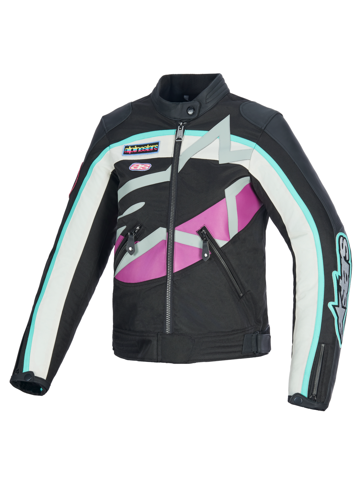Alpinestars Idles damesjas, motorjas, zwart, off-white en paars, vintage racing-geïnspireerd ontwerp met opvallend rondom lopend Alpinestars-logo en merkpatches, constructie van textiel en leer, waterbestendige urban motorkleding