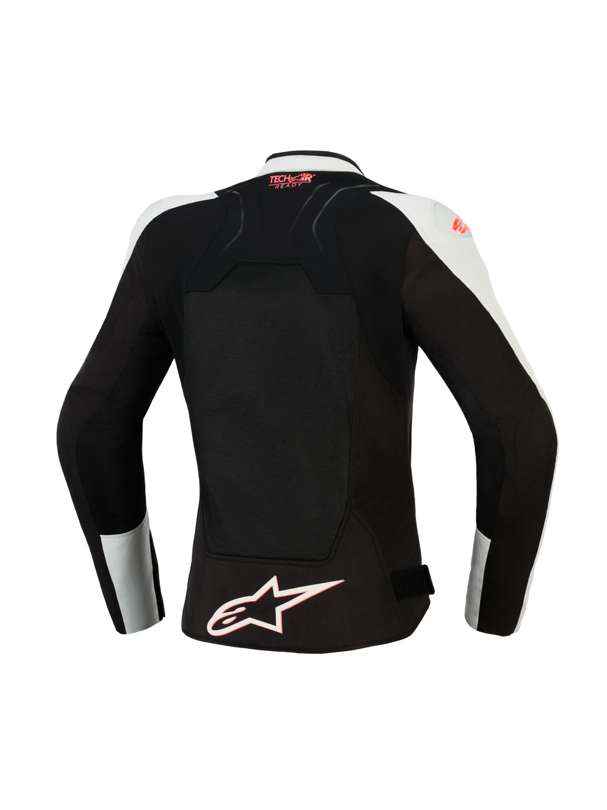 Alpinestars Woman Stella SMX Air Jacket, back view, Ice Gray and Black with Coral Fluo accents, featuring a large ventilated mesh back panel, Tech-Air Ready branding on the upper back, and a white Alpinestars star logo at the hem.