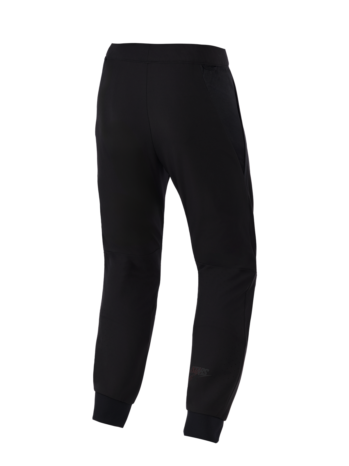 Alpinestars Aeroshell Airflow broek, motorbroek, zwart, achteraanzicht met een lichtgewicht stretch softshell-chassis, geïntegreerde 2D mesh-panelen voor ademend vermogen, lasergeperforeerde kuitzones en een subtiel Astars-logo op het onderbeen.