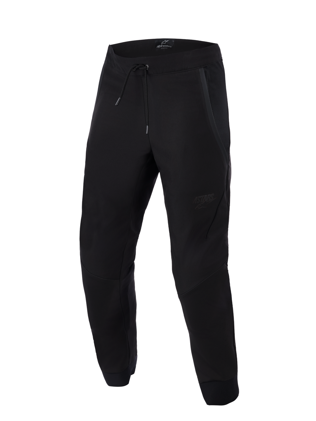 Alpinestars Aeroshell Airflow broek, zwart, lichtgewicht sport- en tourmotorbroek, voorzien van uitgebreide mesh-panelen voor ventilatie, elastische tailleband met trekkoord, voorgebogen broekspijpen en een subtiel tonaal logo op de dij.