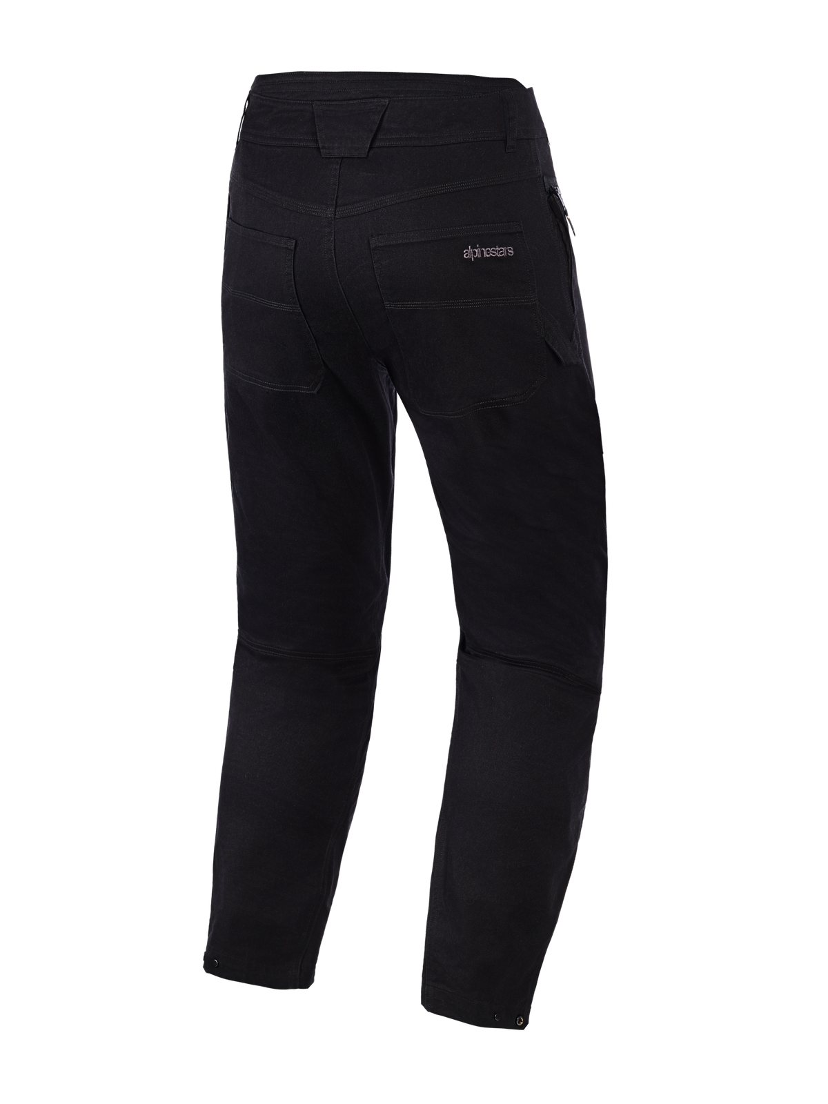 Alpinestars Flex-AST Canvas Pants, zwart, achteraanzicht, motorbroek in klassieke werkkledingstijl met Alpinestars-logo op de achterzak, contrasterende decoratieve siernaden en verstelbare drukknopen aan de broekspijpzoom