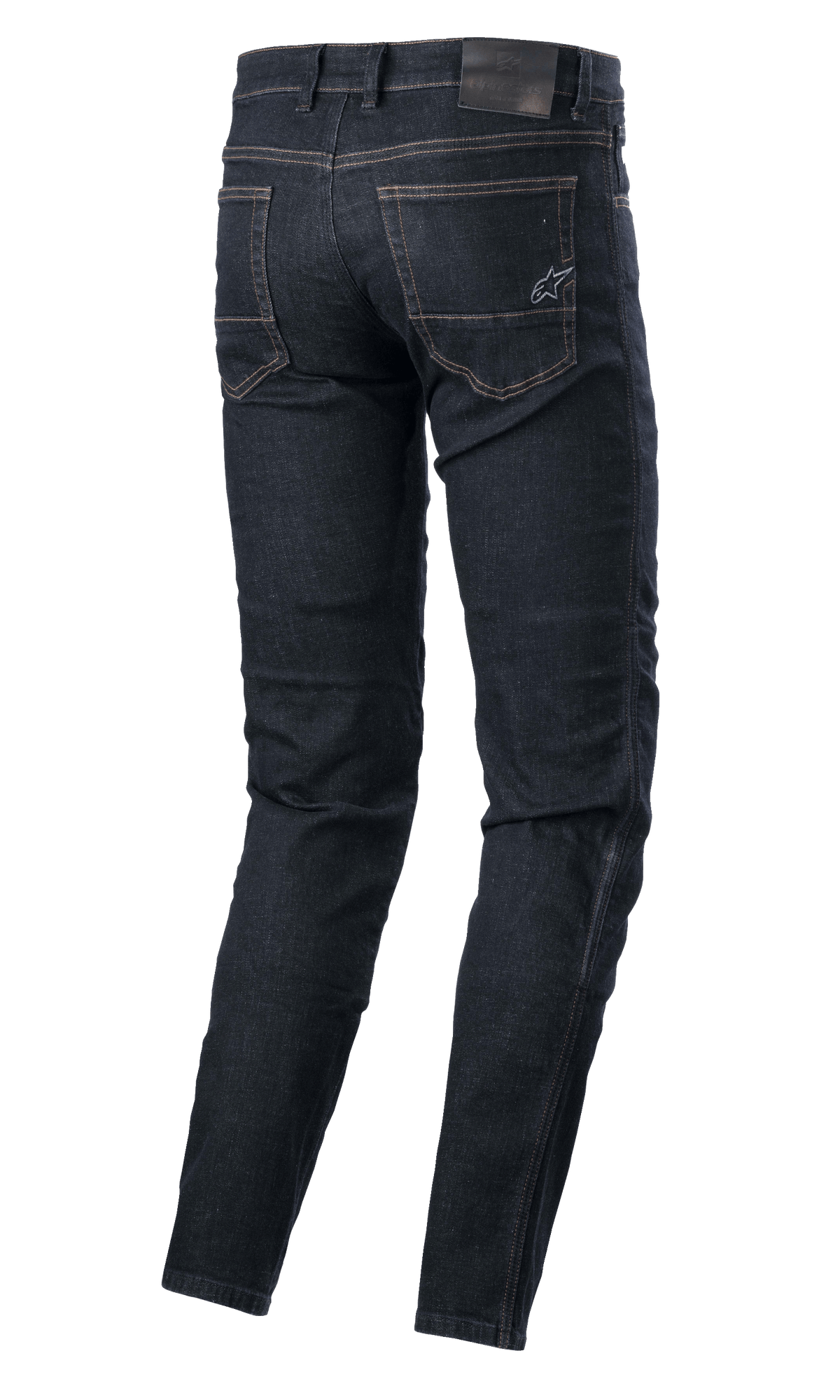 Alpinestars Sektor Regular Fit Denim, technische motorbroek, Rinse Blue, achteraanzicht met achterzakken voorzien van een geborduurd sterlogo, leren patch op de tailleband en driedubbel gestikte naden, urban motorkleding