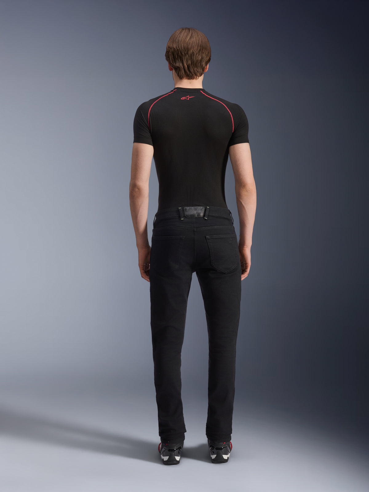 Alpinestars Copper V3 Denim broek, heren motorjeans met rechte pijpen, zwart, achteraanzicht voor stedelijk gebruik.