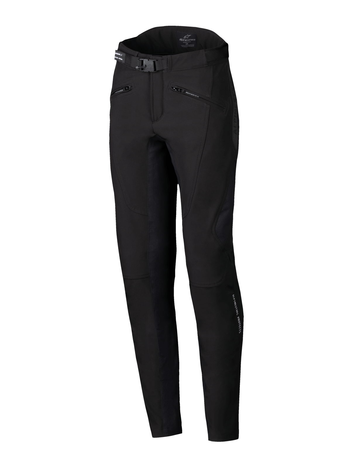 Alpinestars Alamosa damesbroek, urban motorbroek, zwart, slanke prestatiegerichte pasvorm, voorzien van een tailleriem met gesp, handzakken met ritssluiting en ergonomische technische stretch softshell-stof, minimalistisch op streetwear geïnspireerd ontwerp