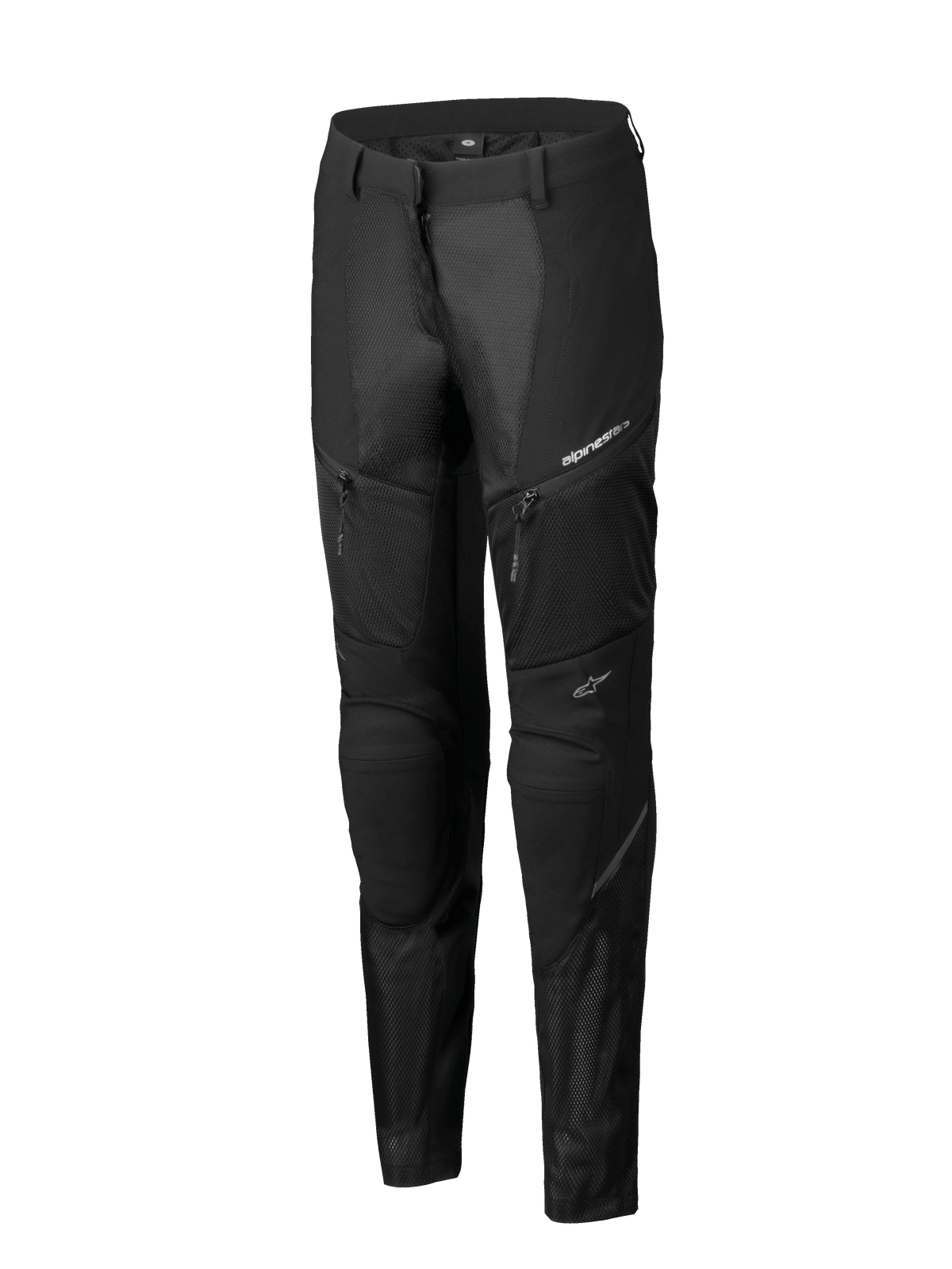 Alpinestars Stella Troop-Air broek, damesmotorbroek, zwart, voorzien van uitgebreide mesh-ventilatiepanelen, zakken met rits en een technisch sport-fit ontwerp met witte Alpinestars-logo's