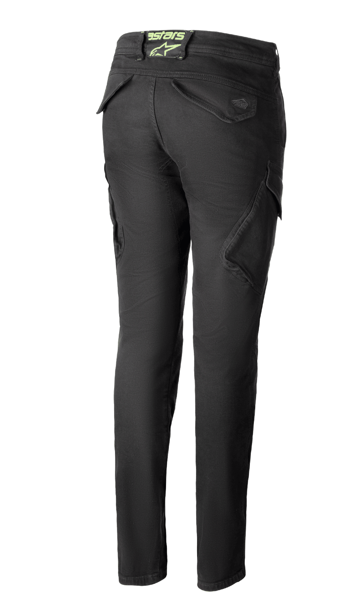 Alpinestars Caliber Tech Riding Denim voor dames in antraciet, achteraanzicht, slim fit combat-stijl broek met functionele cargozakken en een limoengroen astars-logo op de achterkant van de taille.