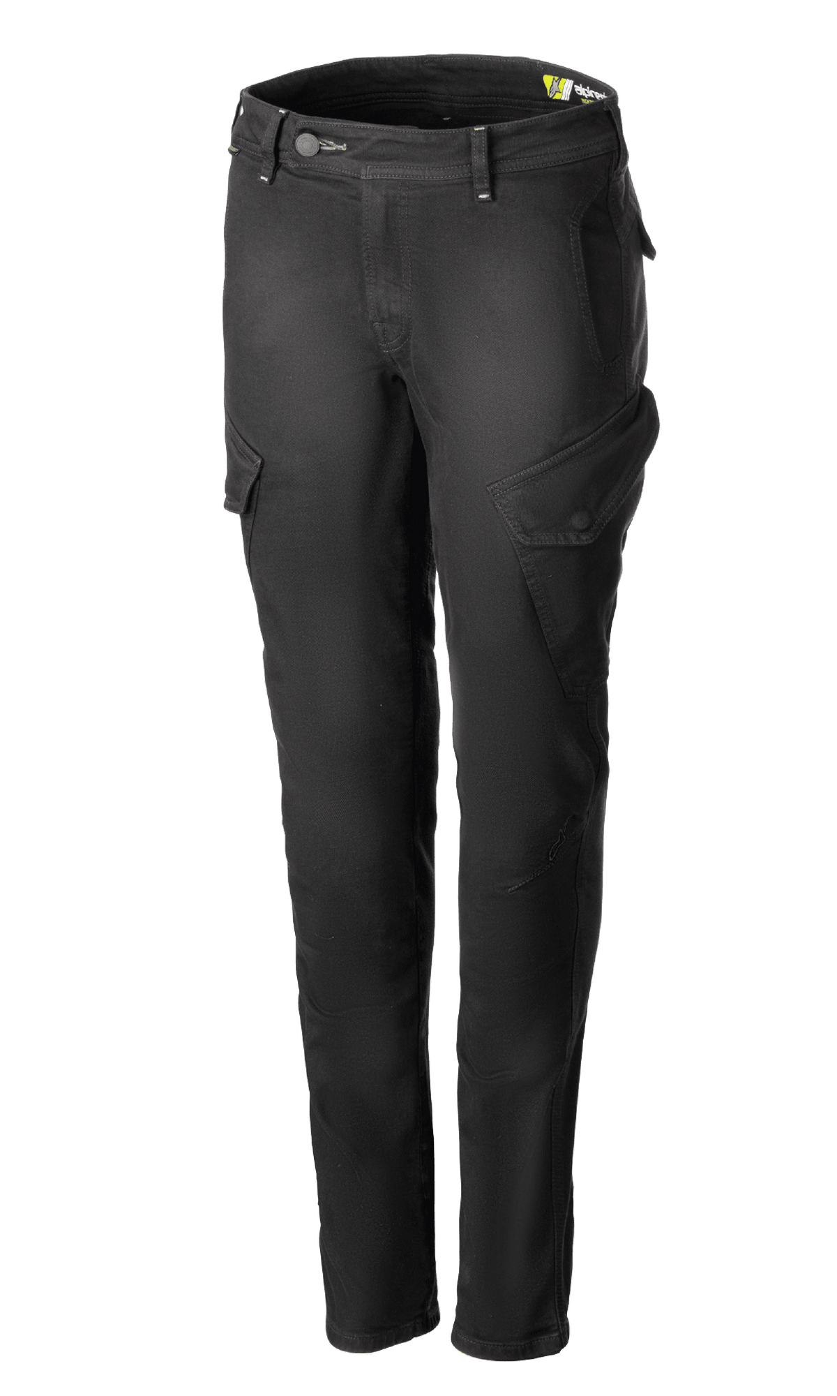 Alpinestars Caliber Women's Tech Riding Denim, antracietgrijze motorbroek in cargostijl, slim-fit silhouet met schuine zijzakken met klep, riemlussen en knoop- en ritssluiting, duurzaam stretch Cordura-denim, stedelijke beschermende motorkleding