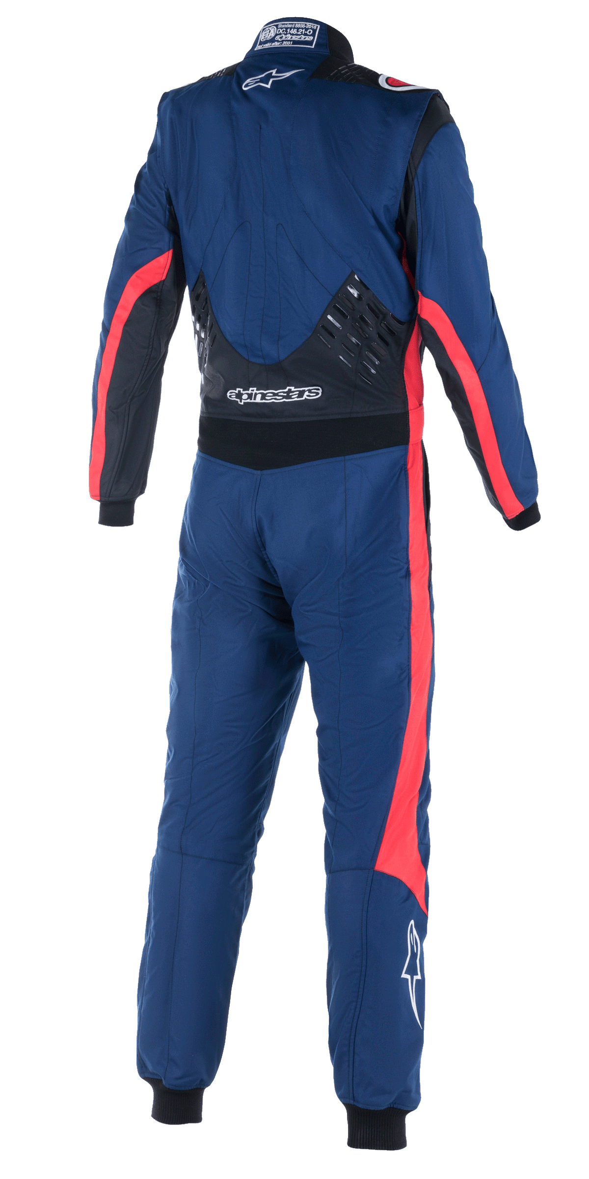 Alpinestars GP Pro Comp V2 FIA Pak, achteraanzicht van een eendelig autoracepak, marineblauw met zwarte en rode accenten, voorzien van siliconen grippanelen op de onderrug, rode racestrepen op de mouwen en pijpen, witte Alpinestars-branding, professionele race-uitrusting