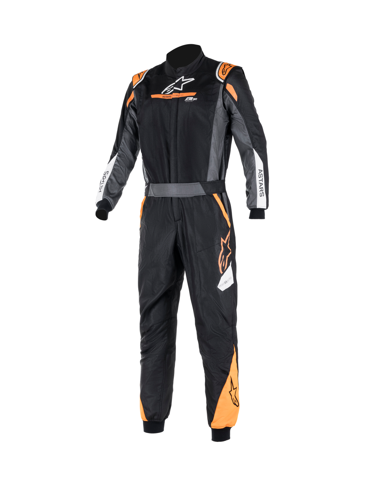 Alpinestars Atom Graphic-pak, eendelig FIA-autoracepak in zwart, antraciet en fluo oranje, vooraanzicht met vlamwerende aramideconstructie, riem in de taille en ASTARS-branding.