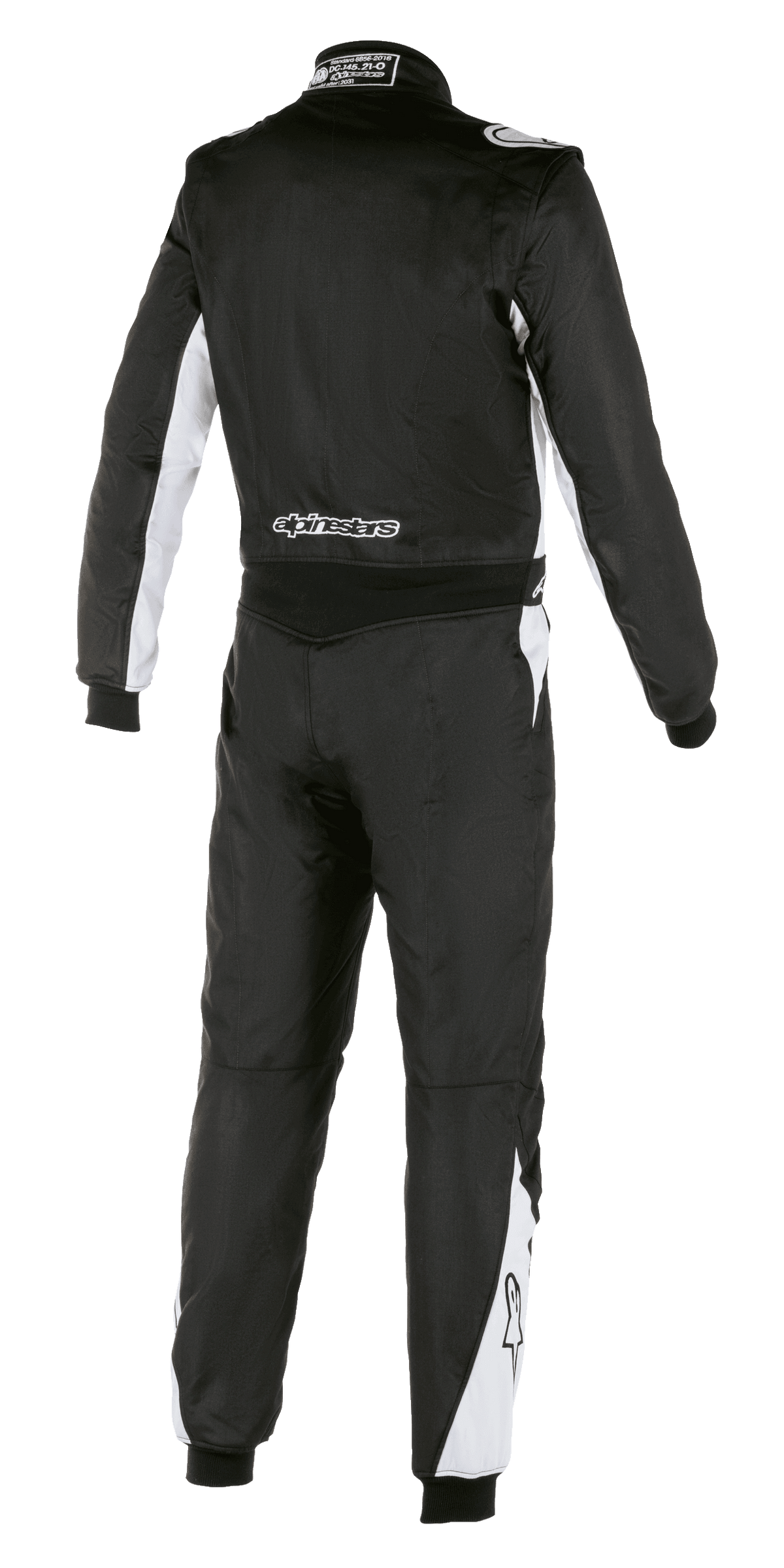 Alpinestars Atom FIA-pak, autoracepak, zwart en zilver, achteraanzicht, met witte accenten op de mouwen en benen, Alpinestars-logo op de onderrug, duurzame aramide constructie voor professionele motorsport