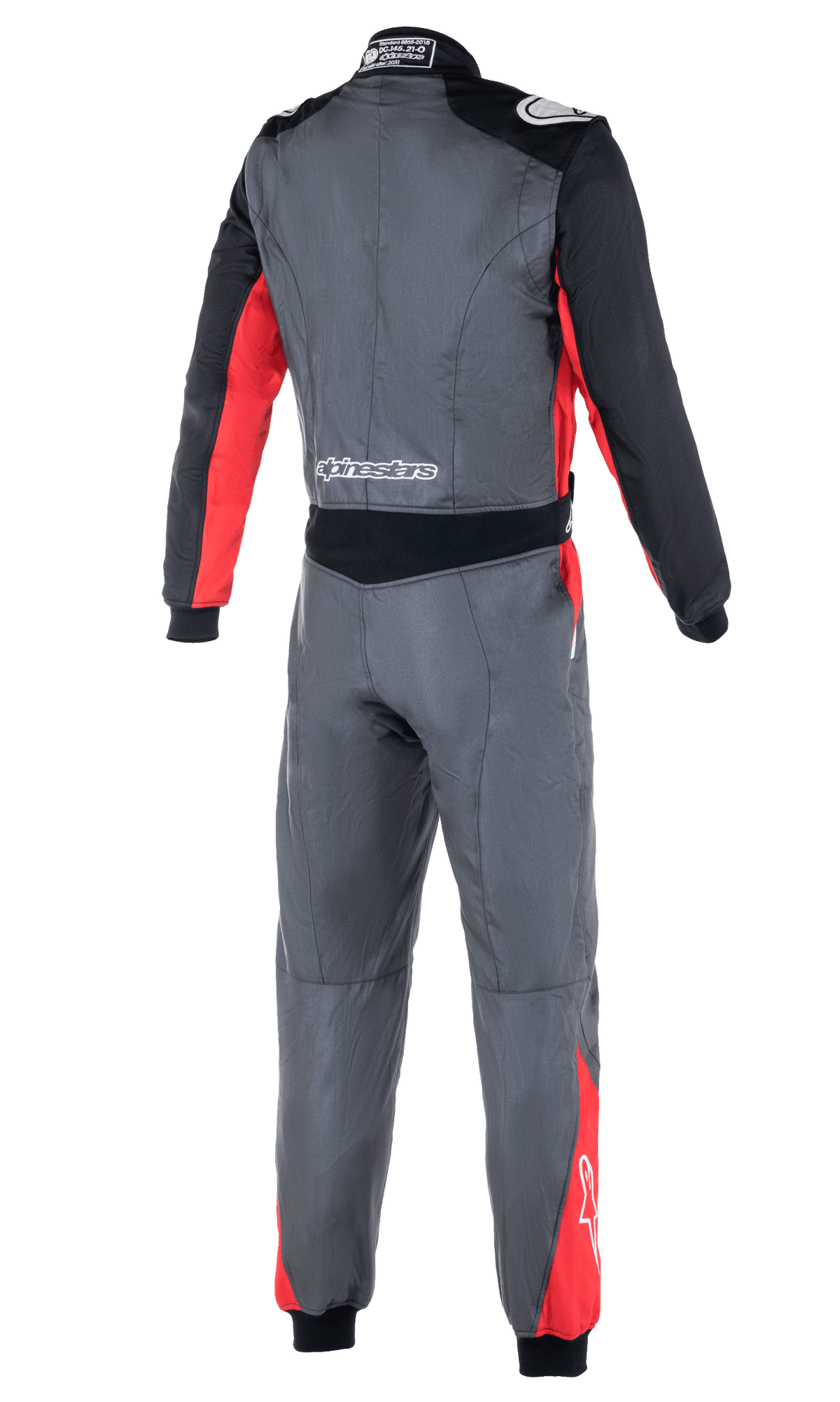 Alpinestars Atom FIA Suit, autoracepak, antraciet, rood en zwart, achteraanzicht met stretchpanelen in de taille, schouderepauletten en Alpinestars-branding op de onderrug en schouders.