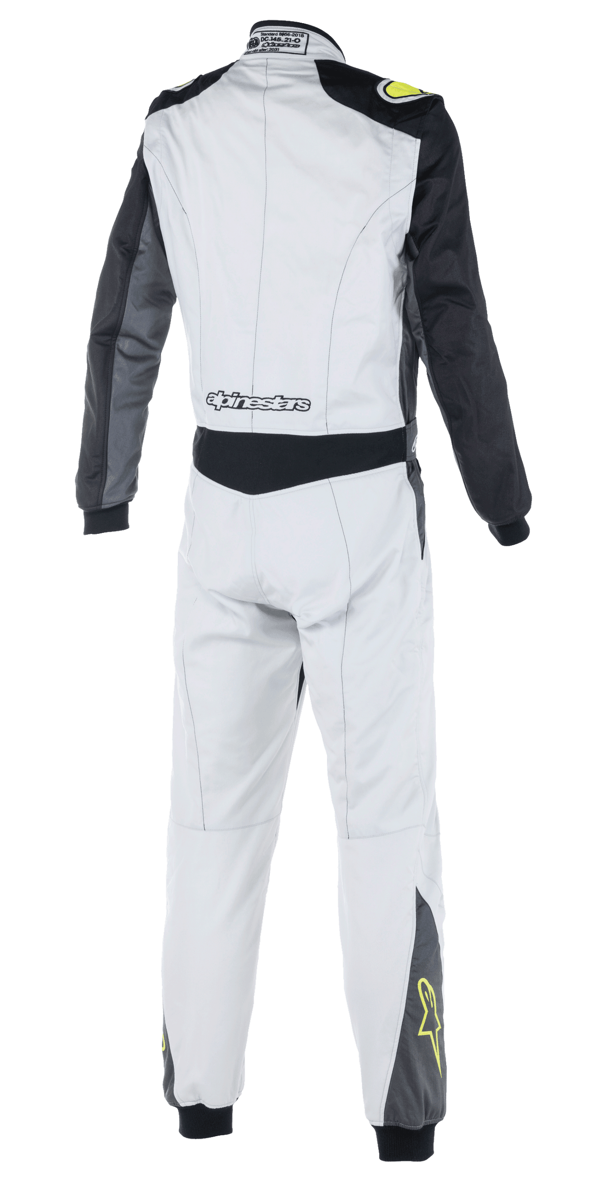 Alpinestars Atom FIA-pak, autoracepak, zilver, antraciet en geel fluo, achteraanzicht met zwarte mouwen en taillepaneel, Alpinestars-branding op de onderrug, gele ster-logo's op de onderbenen, FIA-gecertificeerde motorsportkleding