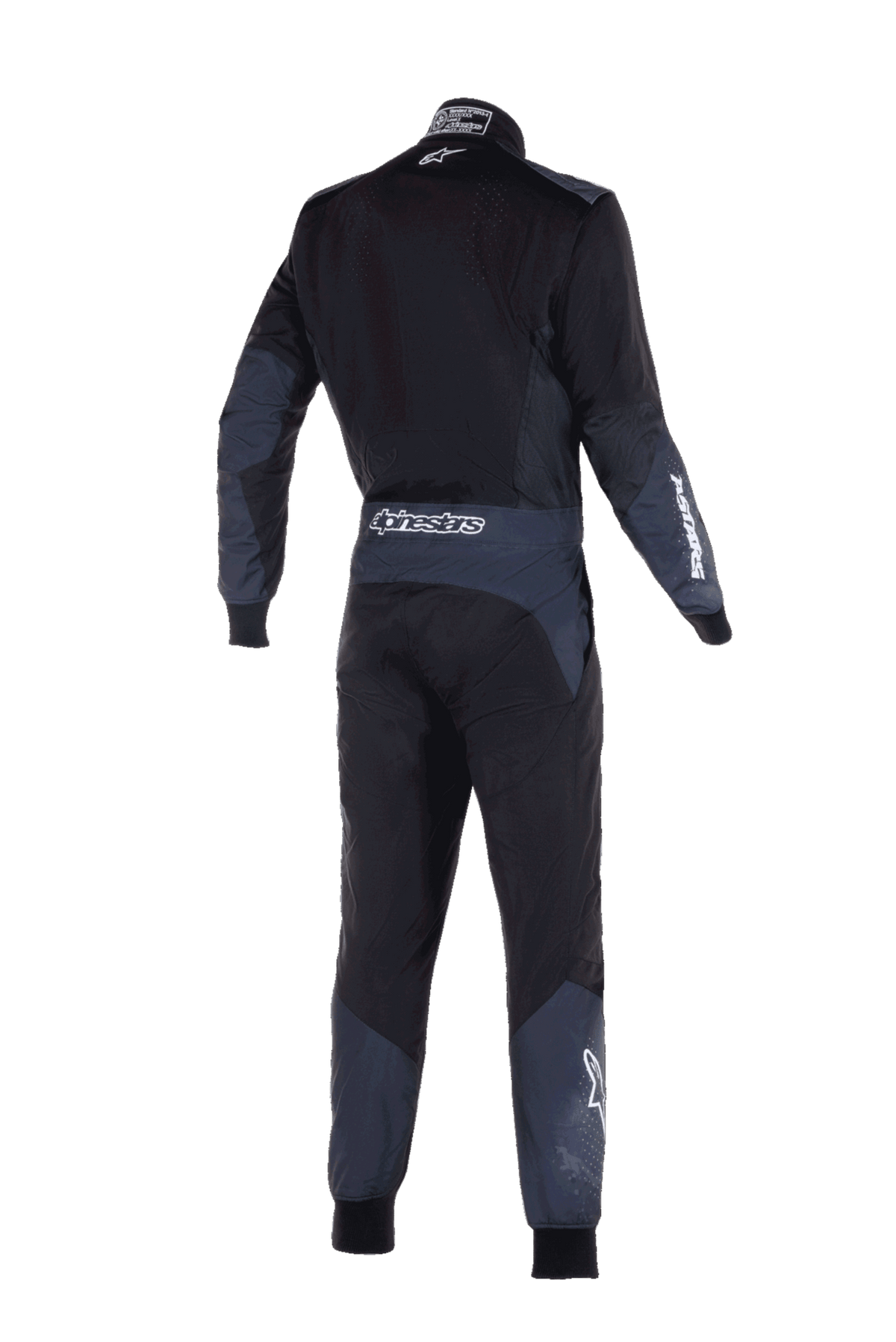 Alpinestars KMX-5 V3-pak, kartpak, zwart en Dark Shadow, achteraanzicht met witte Alpinestars-branding op de taille en mouw, donkergrijze technische panelen op de armen en benen, strak performance-ontwerp