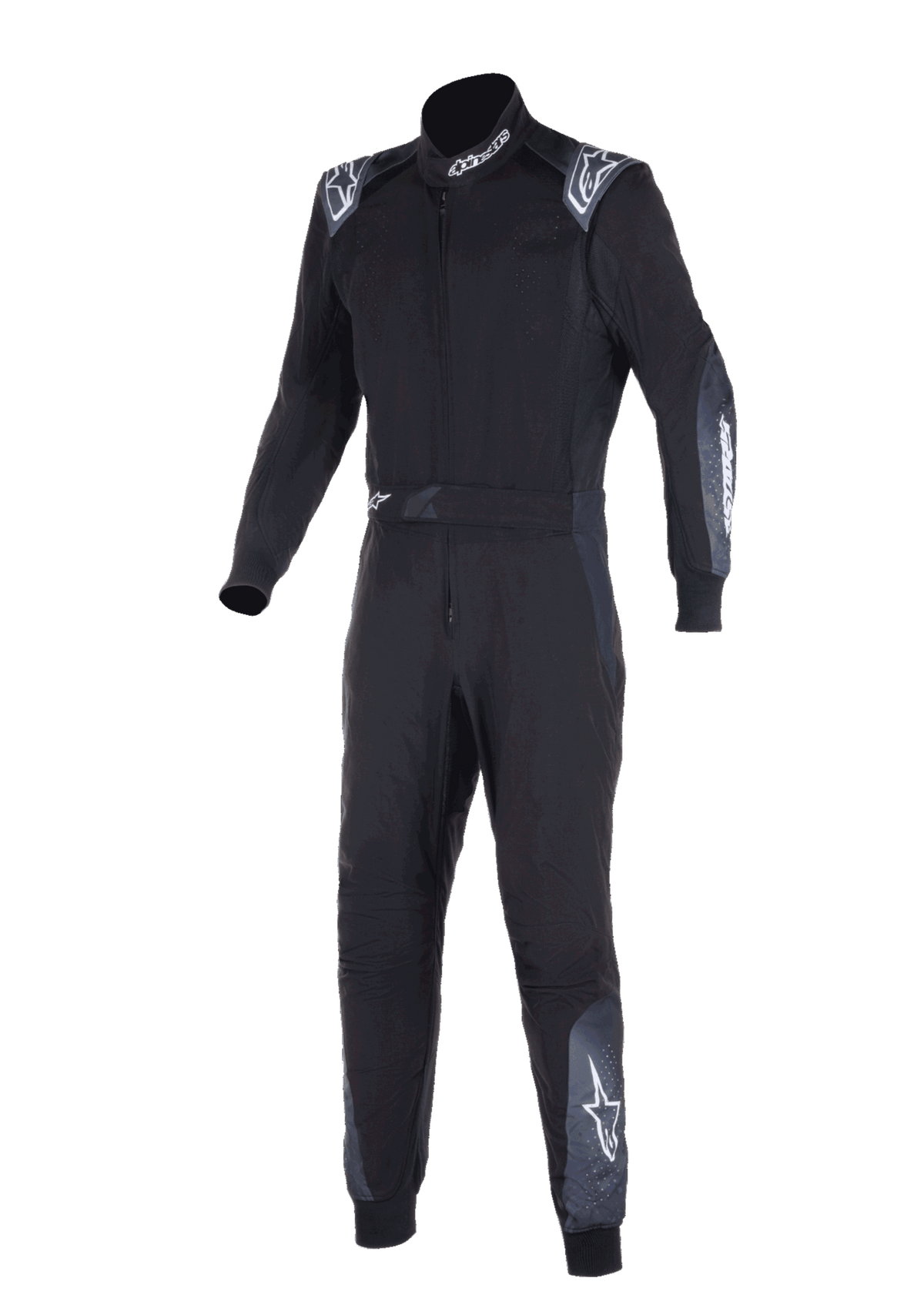Alpinestars KMX-5 V3 Pak, kartpak, Zwart en Dark Shadow, eendelig racepak met witte Alpinestars-branding op de schouders, nek en benen, technische dubbellaagse constructie voor professioneel karten