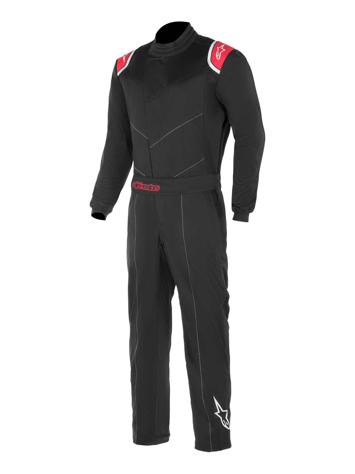 Alpinestars Kart Indoor Suit, zwart en rood kartracepak met rode schouderpanelen voorzien van witte sterlogo's, verstelbare tailleband met rood Alpinestars-logo en een wit sterlogo op het linkeronderbeen