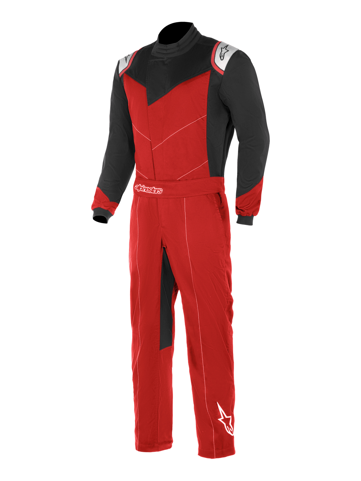 Alpinestars Kart Indoor Suit, kartpak, rood en zwart met witte accenten, zwarte mouwen en borstpanelen, rode romp en broekspijpen, met asymmetrische voorsluiting en verstelbare tailleband