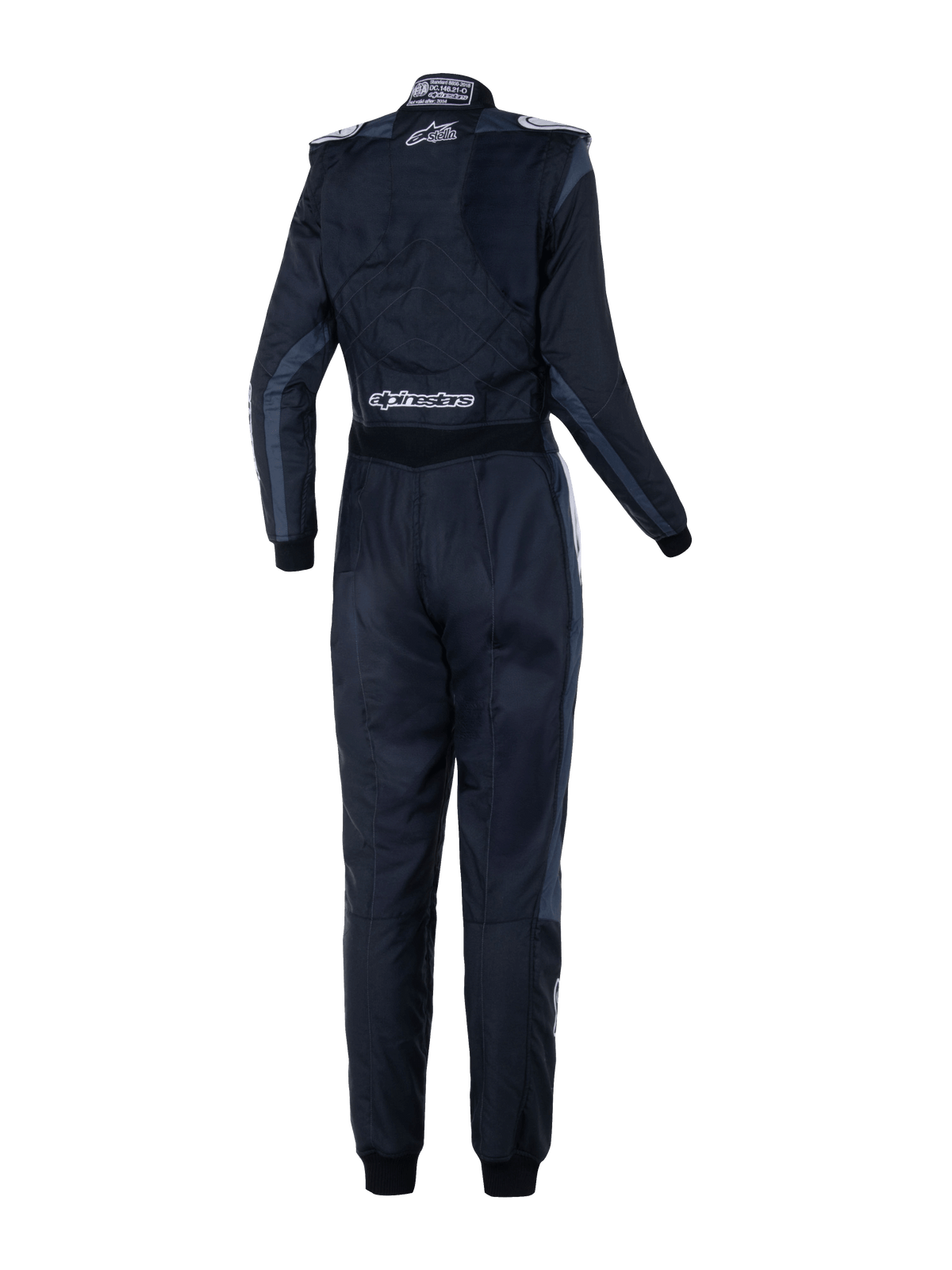 Alpinestars Stella GP Pro Comp V2 damespak - FIA, achteraanzicht, zwart asfalt en wit, met witte Stella- en Alpinestars-logo's, professioneel autoracepak met schouderepauletten en anatomische panelen voor dames