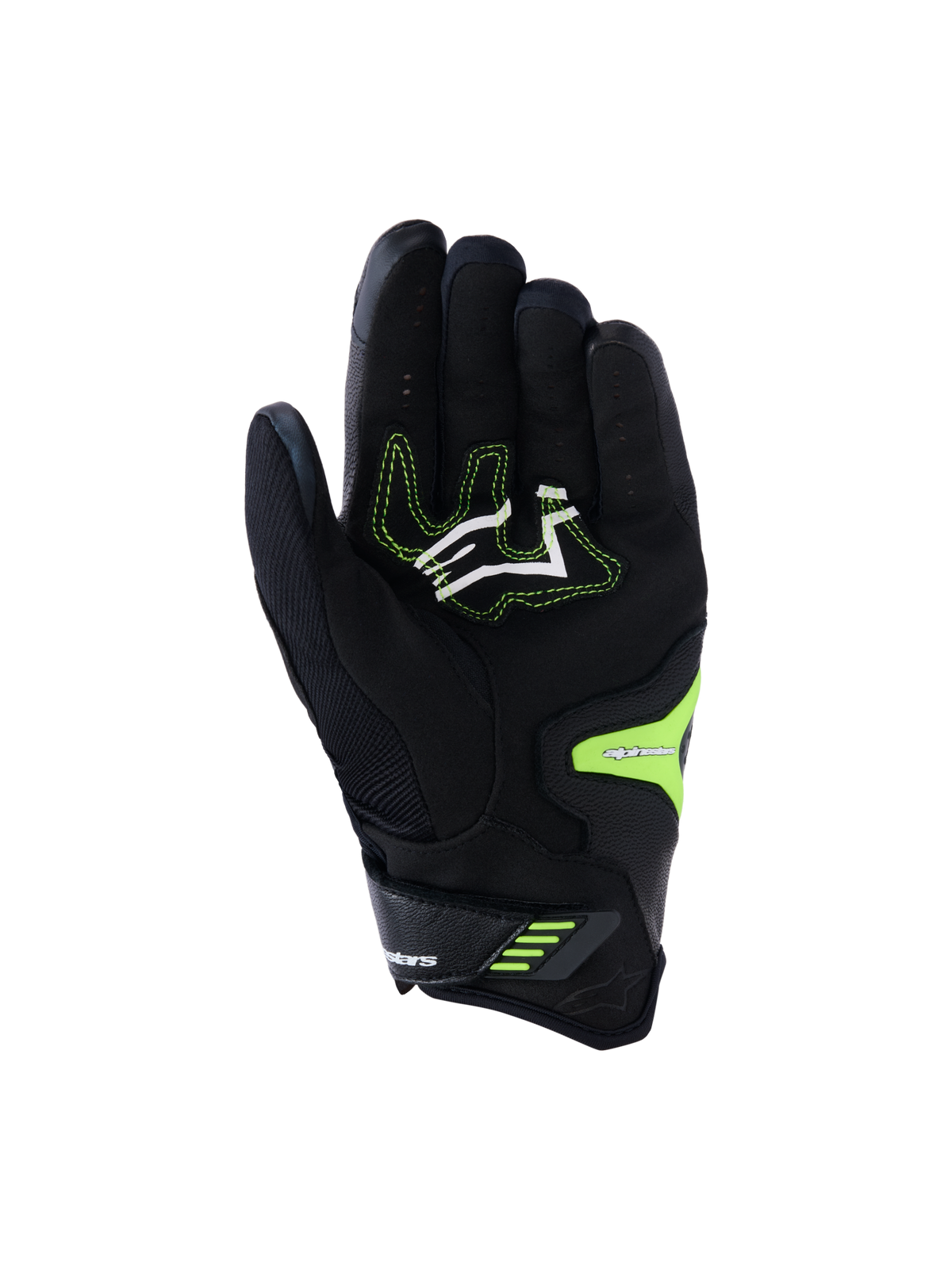 Alpinestars SP-R Pro handschoenen, zwart en fluogeel, handpalmweergave met versterkte synthetisch lederen gripzones, wit logo met neongele stiksels en veilige polssluiting, ontworpen voor sportieve motorprestaties