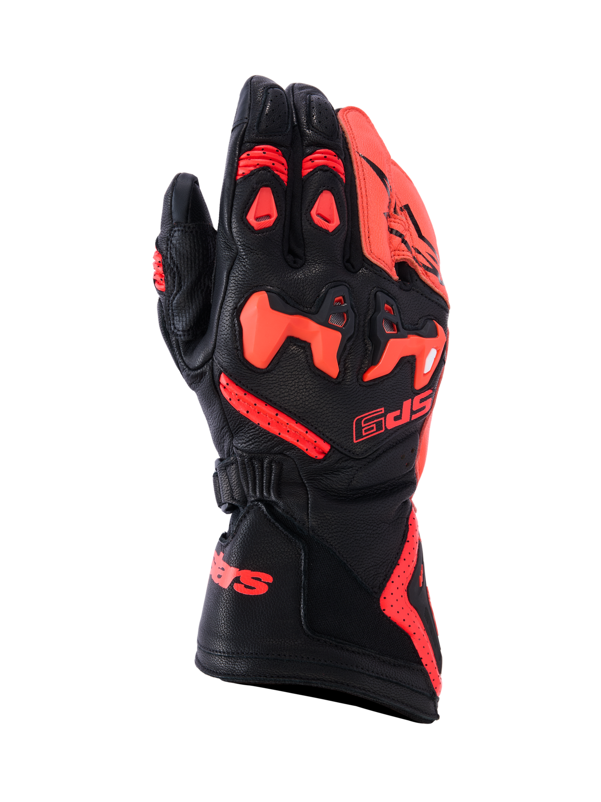 Alpinestars SP-9 handschoenen, race- en sportmotorhandschoenen, zwart en fluo rood, constructie van volnerf geitenleer met SP-R verdeelde TPU-knokkelbescherming, geperforeerde handrug voor luchtstroom, lange manchet met opvallende rode logo's, hoogwaardige beschermende uitrusting voor sportief rijden