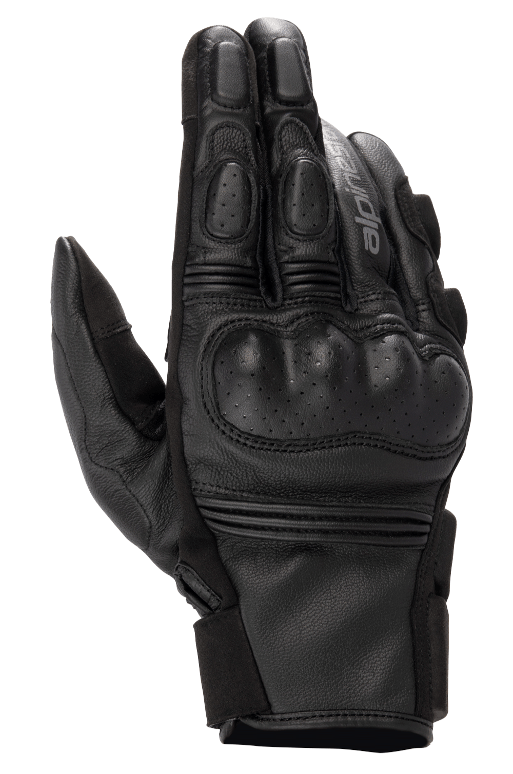 Alpinestars Phenom leren handschoenen, motorhandschoenen, zwart, bovenaanzicht met geperforeerde harde knokkelbescherming, versterkte vingers, accordeon stretch-inzetstukken en constructie van hoogwaardig geitenleer