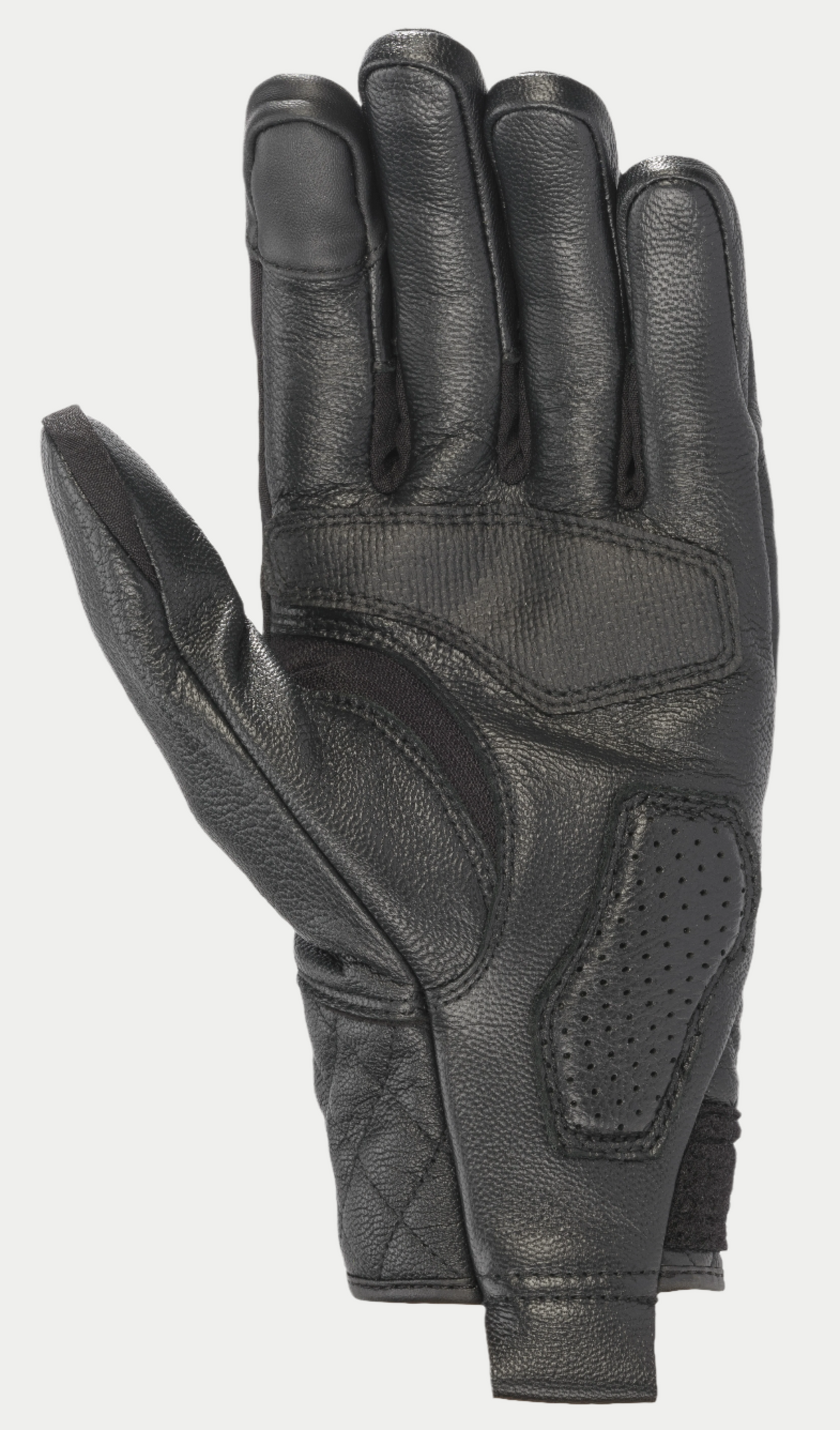 Alpinestars Brass Lt Gloves, Black Motorcycle Gloves, palm view showing premium leather construction with reinforced grip panels, perforated padding, and quilted detailing for a heritage-inspired look