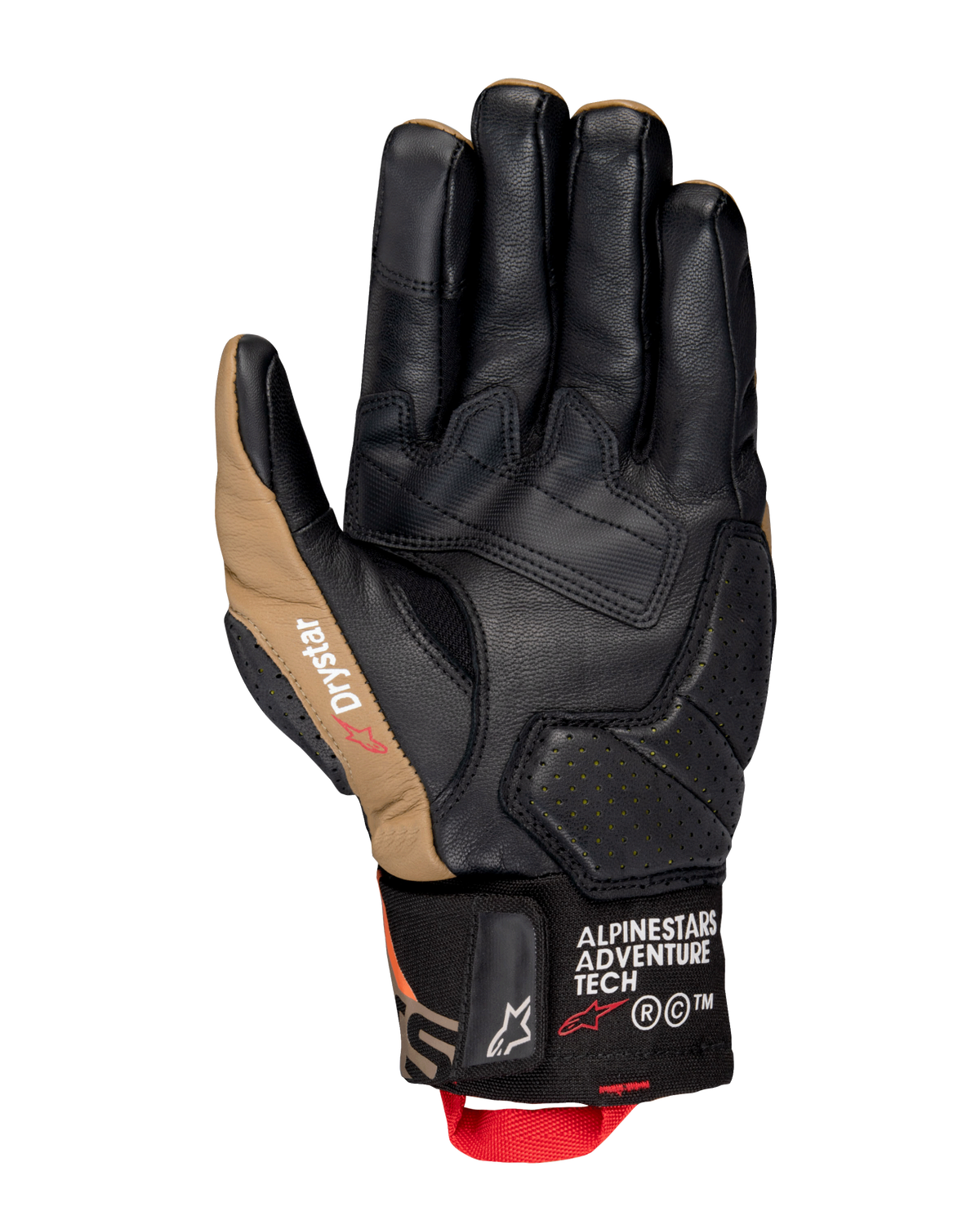 Alpinestars Belize V3 Drystar® handschoenen, binnenzijde van een motorhandschoen met kort manchet in zwart en Gobi Brown, lederen constructie met versterkte handpalm, geperforeerde details en rode aantreklus