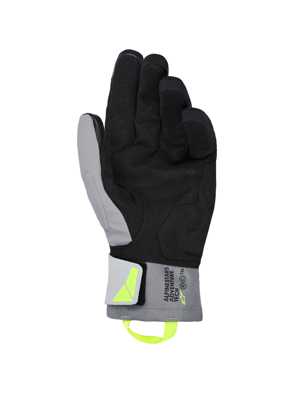 Alpinestars XT-3 Drystar® Geïsoleerde Handschoenen, zwart en donkergrijze motorhandschoenen, aanzicht van de handpalm met zacht zwart suède en grijs textiel, fluorescerend gele treklus en logo, 'ALPINESTARS ADVENTURE TECH' branding op de manchet, waterdicht en geïsoleerd voor adventure-ritten