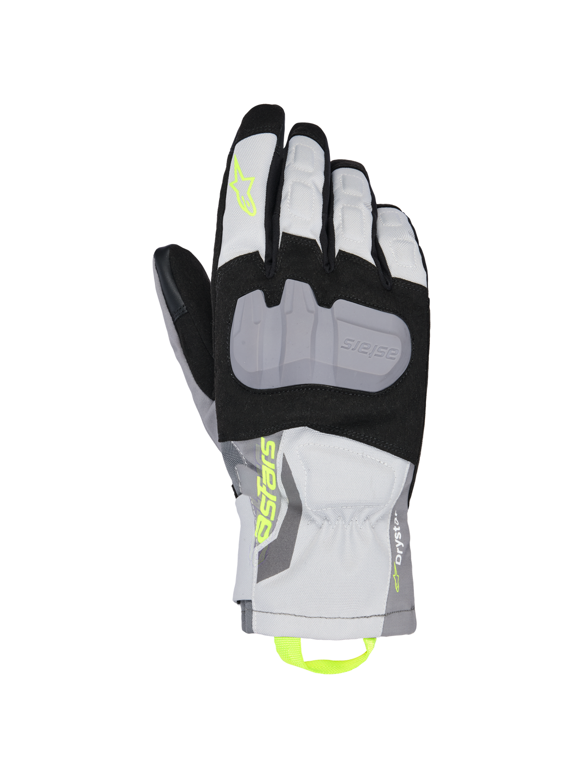Alpinestars XT-3 Drystar geïsoleerde handschoenen, touring motorhandschoenen, zwart, grijs en wit, met een grote grijze beschermende knokkelplaat, neongeel Astars-logo en aantreklus, waterdichte textielconstructie met middellange manchet.
