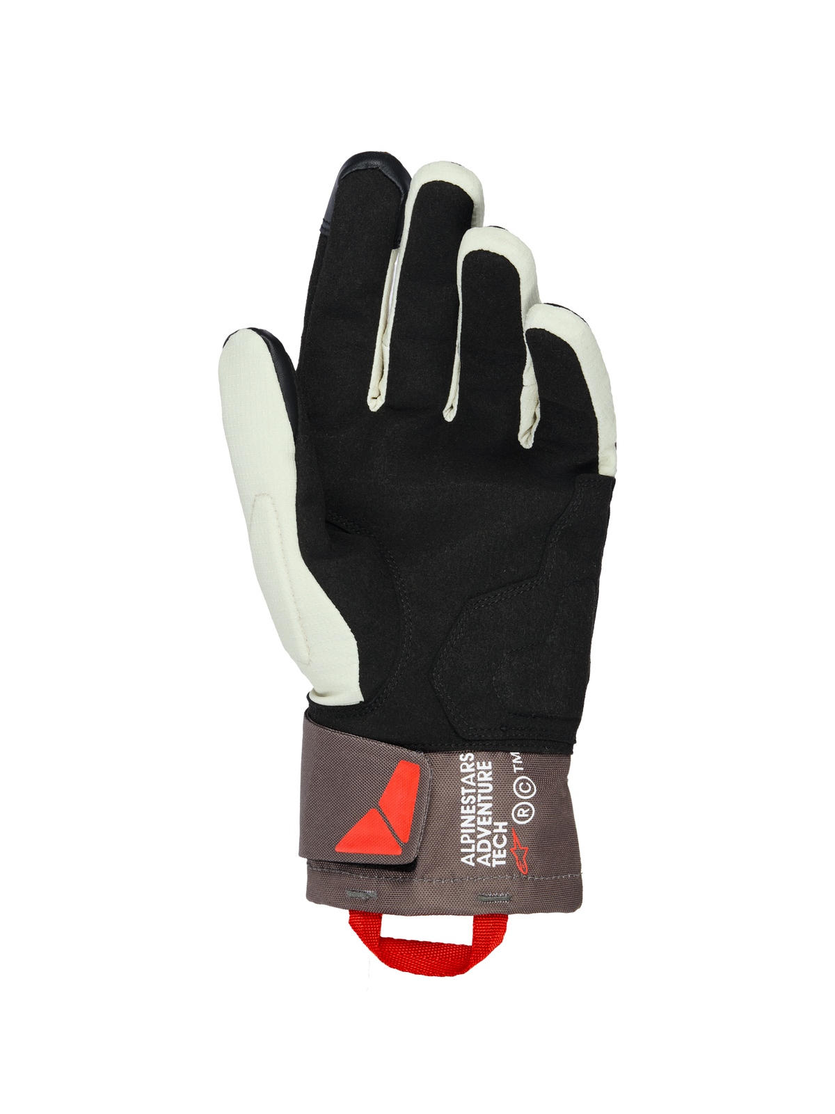 Alpinestars XT-3 Drystar® Geïsoleerde Handschoenen, zicht op de handpalm, donkerbruin, zandkleur en zwart, met zachte suède handpalm voor grip, middellange manchet met Alpinestars Adventure Tech-branding, rode aantreklus en klittenbandsluiting, adventure motoruitrusting