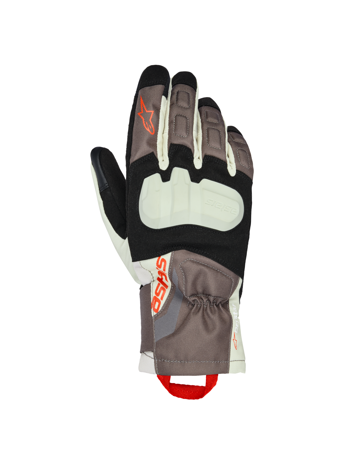 Alpinestars XT-3 Drystar® geïsoleerde handschoenen, motorhandschoenen, donkerbruin, zand en zwart met oranje accenten, voorzien van een zichtbare knokkelbeschermer, middelhoge manchet, duurzame textielconstructie en Alpinestars-logo met een rode treklus.