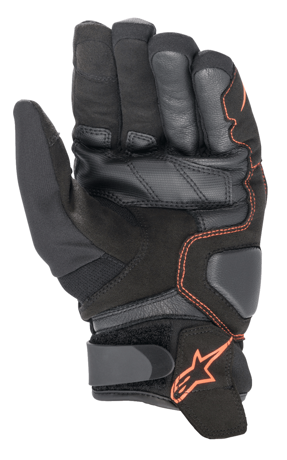 Alpinestars SMX-1 Drystar® handschoenen, motorhandschoenen, zwart en fluo rood, handpalmweergave met versterkte lederen en suède constructie, gewatteerde landingszones en klittenband polssluiting met rood sterlogo
