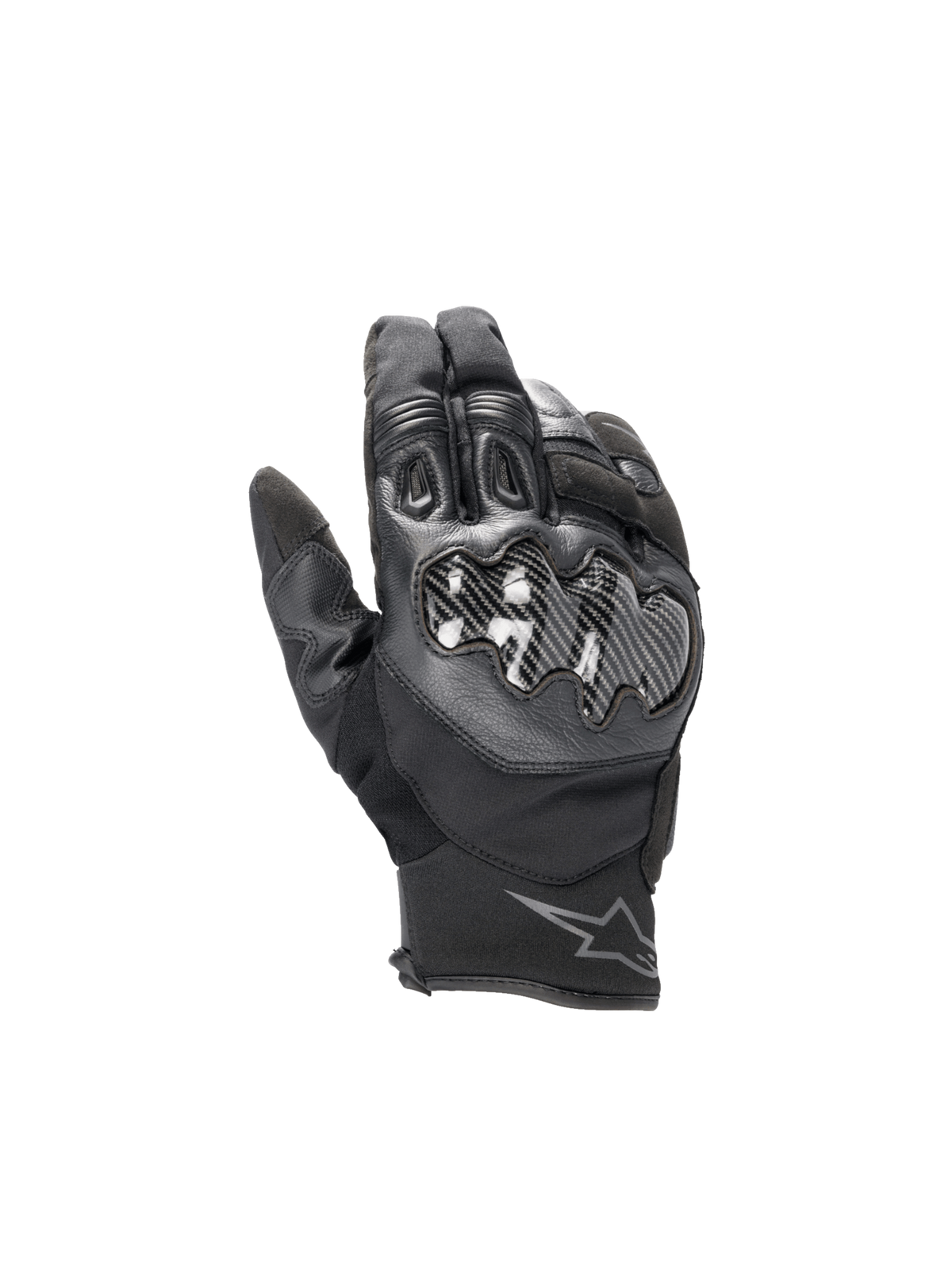 Alpinestars Smx-1 Drystar handschoenen, waterdichte heren motorhandschoenen, zwart leer met carbon knokkelbescherming.