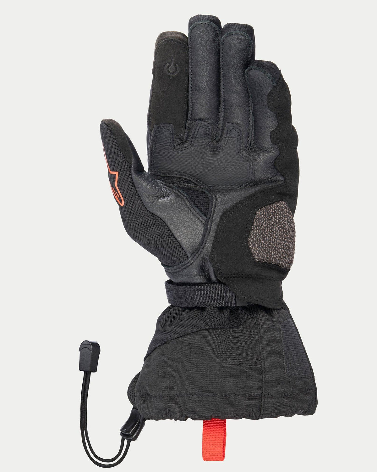 Alpinestars XT-5 GORE-TEX Gloves, Black, palm side view showing leather construction, AR Shield landing zone reinforcement, long gauntlet cuff with shock cord closure, touchscreen-compatible fingertips, and signature red accents.