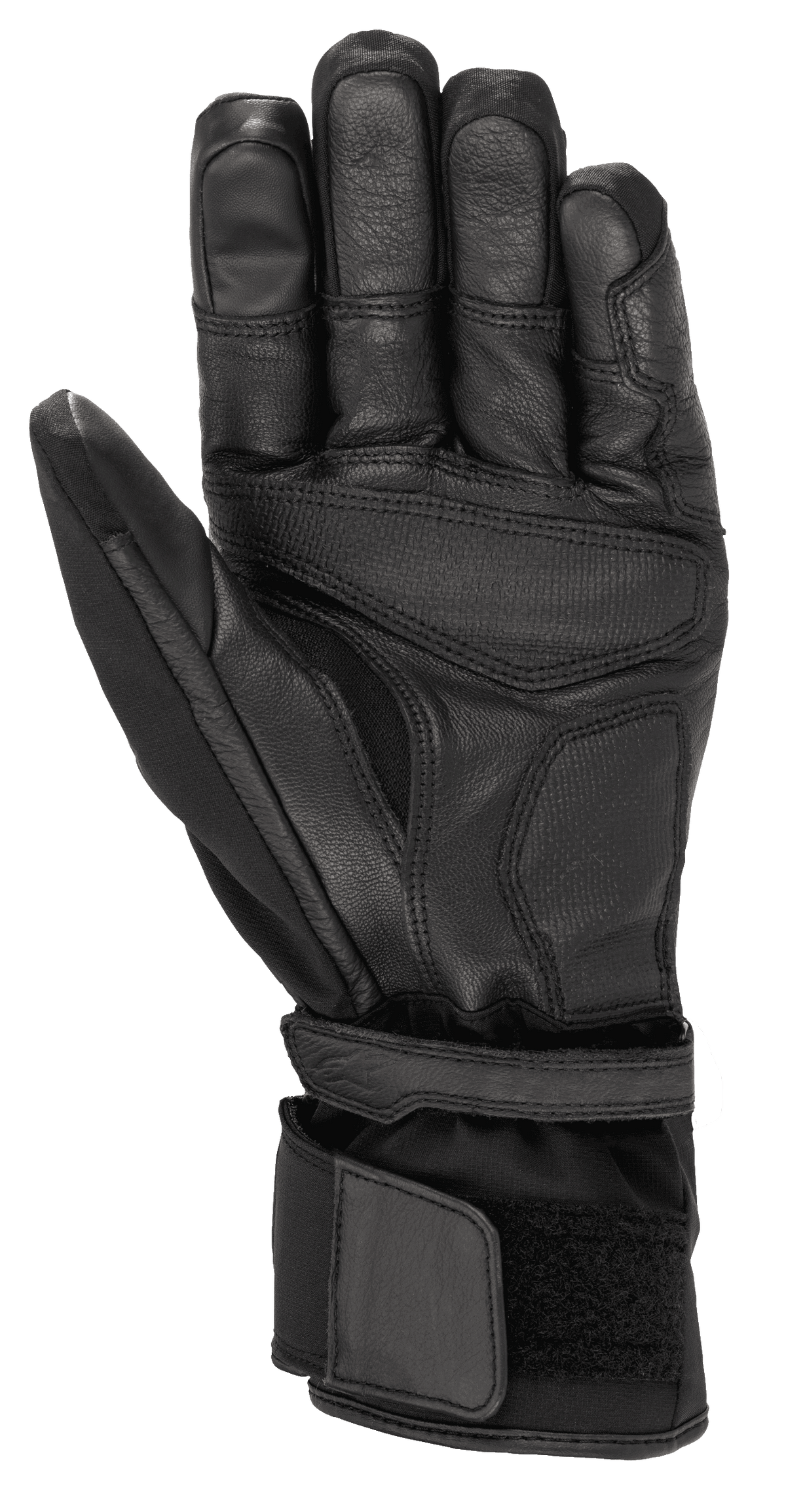 Alpinestars Range 2 In One GORE-TEX handschoen met Goregrip Tech, motorhandschoen, zwart, handpalmaanzicht met geitenleren constructie, versterkte gripzones en lange manchet met klittenbandsluiting voor een stevige pasvorm.