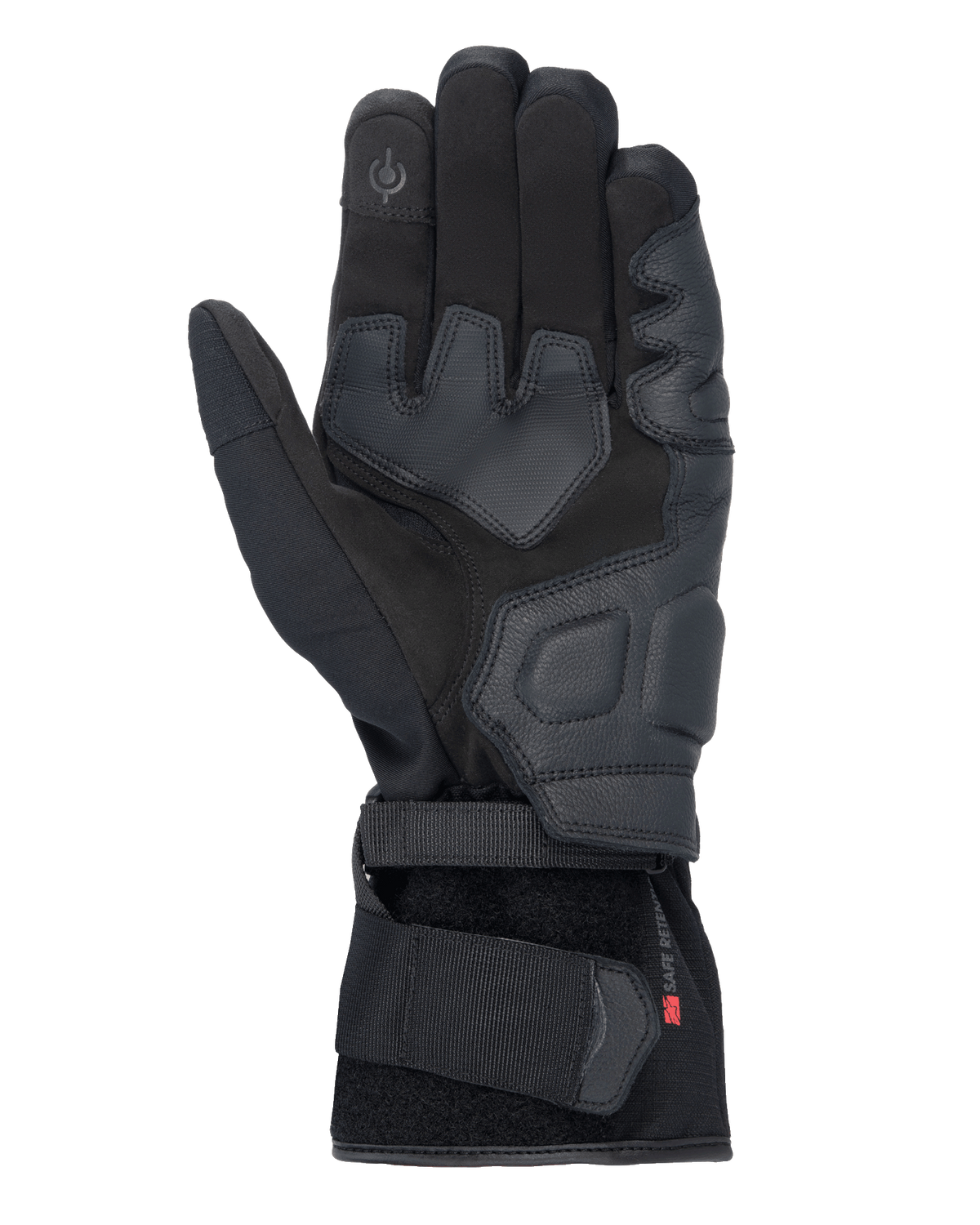 Alpinestars Tourer W-7 V2 Drystar® handschoenen, zwarte motorhandschoenen, handpalmzicht met lederen versterkingen, gevoerde gripzones, touchscreen-compatibele vingertop en een veilige polsbandsluiting.