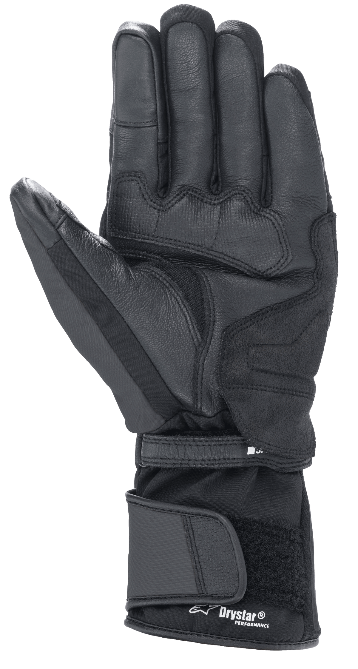 Alpinestars Denali Aerogel Drystar® handschoenen, zwart, zicht op de handpalm met versterkte materiaalpanelen, getextureerde grip op de vingers en verstelbare lange manchet met Drystar® Performance-branding, wintermotoruitrusting voor adventure touring