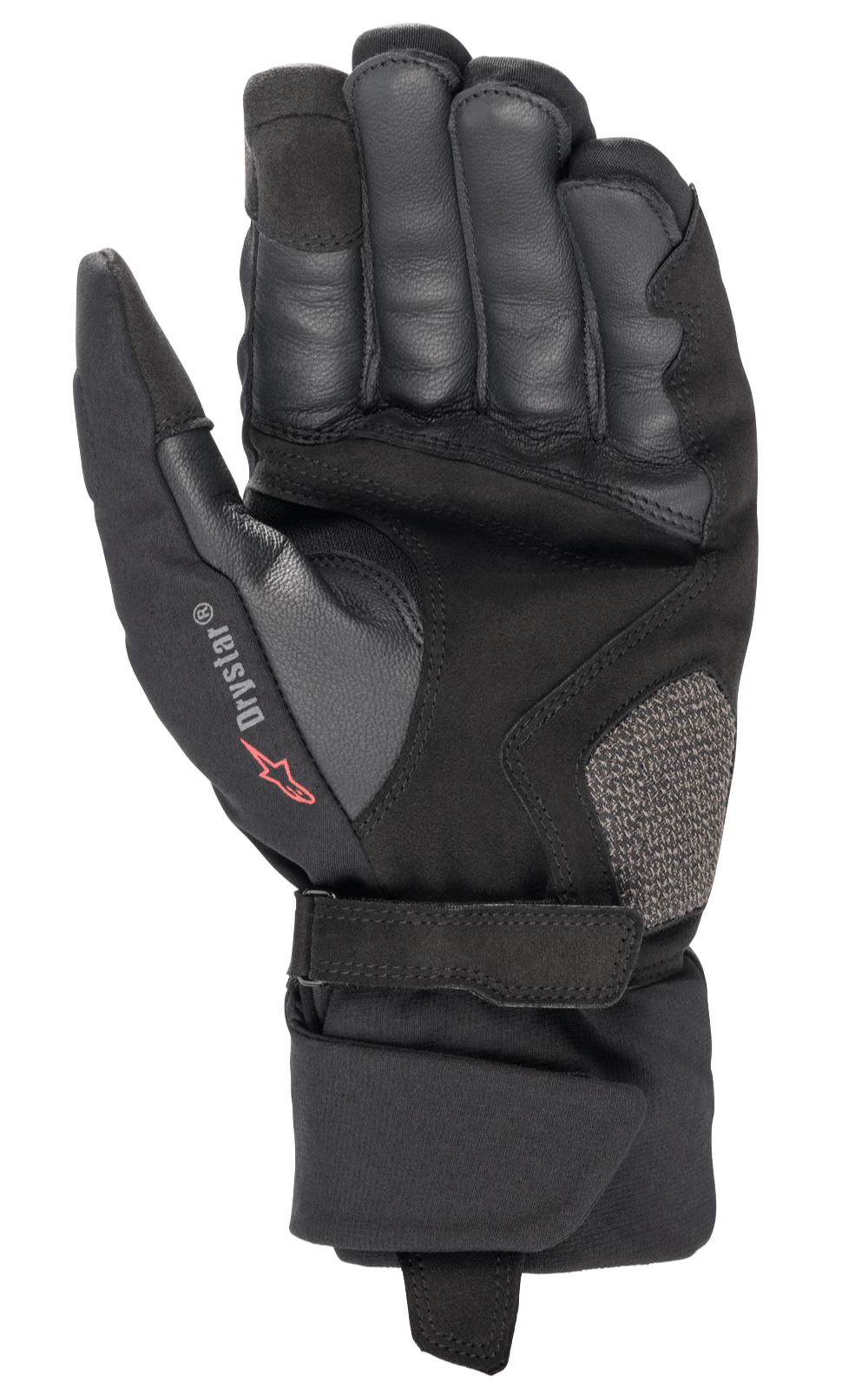 Alpinestars Bogota' Drystar® XF handschoenen, motorhandschoenen, zwart, handpalmaanzicht met versterkte lederen constructie, verstelbare polsband en Drystar-branding, duurzame uitrusting voor adventure touring