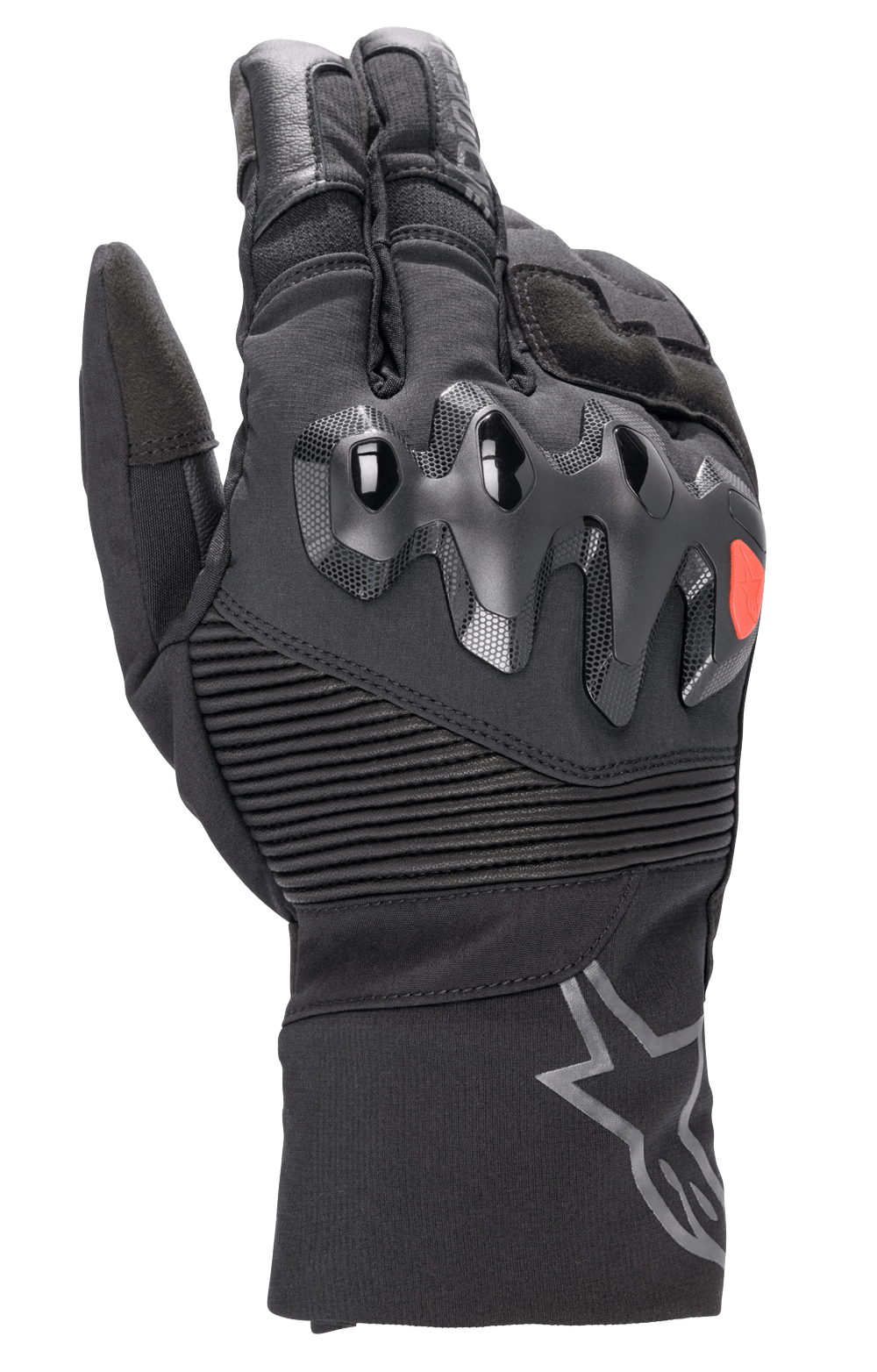 Alpinestars Bogota Drystar XF handschoenen, lange motor touring handschoenen, zwart met een rood logo-accent, voorzien van over-geïnjecteerde knokkelbescherming, geribbelde stretchpanelen op de pols en een lange manchet met een grijs sterlogo.