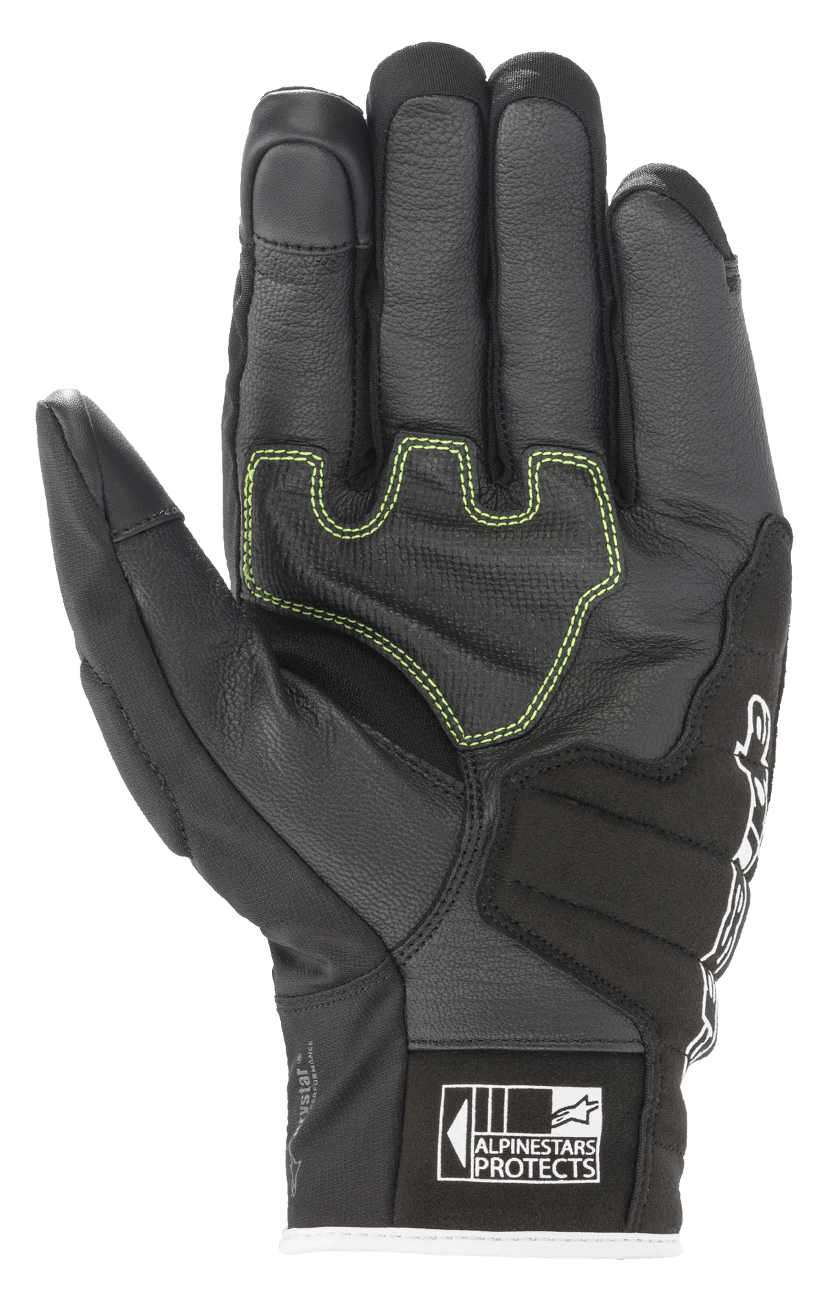 Alpinestars SMX Z Drystar® handschoenen, motorhandschoenen, zwart, wit en fluorood, handpalmweergave met versterkt leer, limoengroene contraststiksels en Alpinestars Protects-logo op de manchet