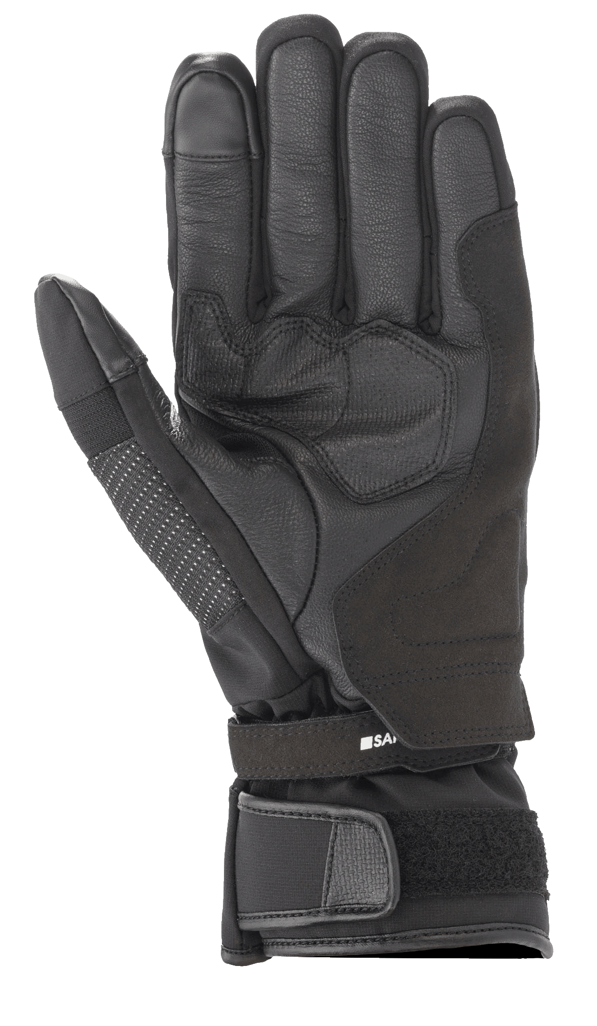 Alpinestars Andes V3 Drystar® handschoen, zwarte motorhandschoen, handpalm-aanzicht met geitenleer en textielconstructie, versterkt palmgedeelte, verstelbare polsband met klittenbandsluiting, technisch all-weather touring-ontwerp
