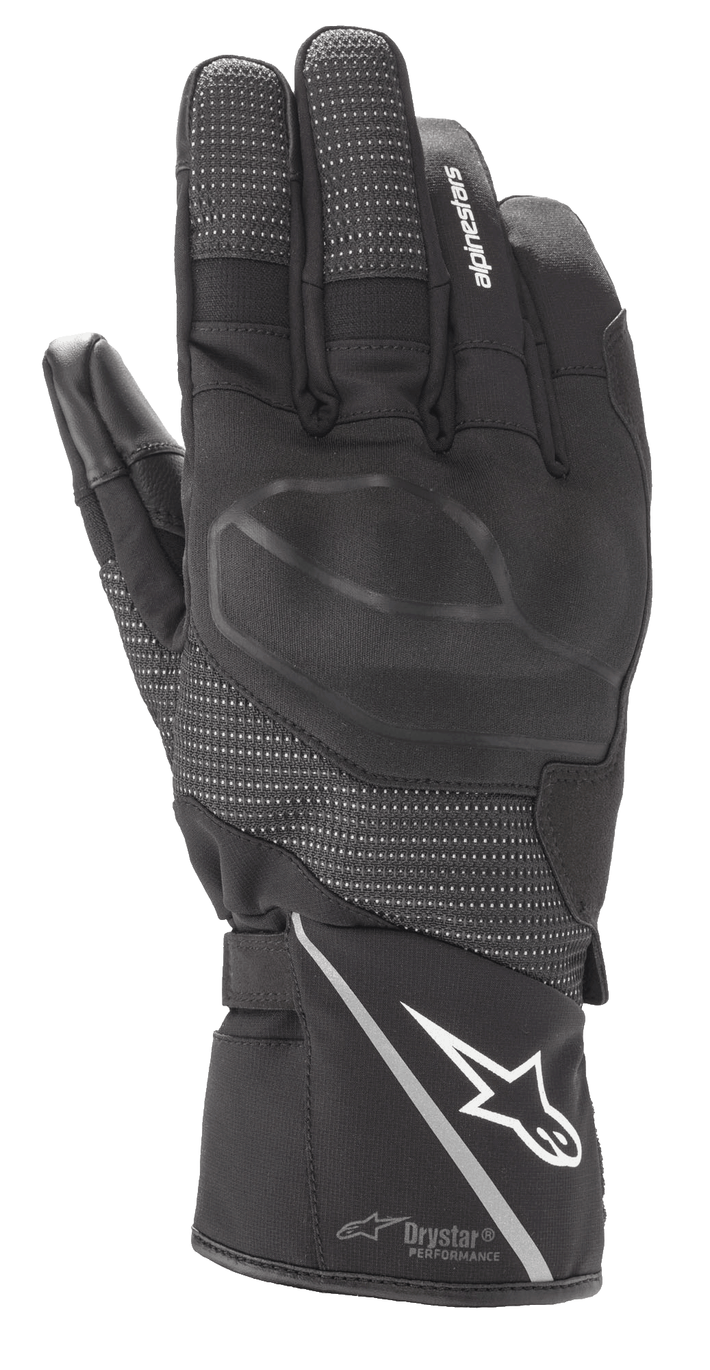 Alpinestars Andes V3 Drystar handschoen, zwarte motor-toerhandschoen, constructie van geitenleer en textiel, voorzien van geïntegreerde knokkelbescherming, wit Alpinestars-logo op de manchet met een reflecterende streep, getextureerde vingerpanelen en Drystar Performance-technologie
