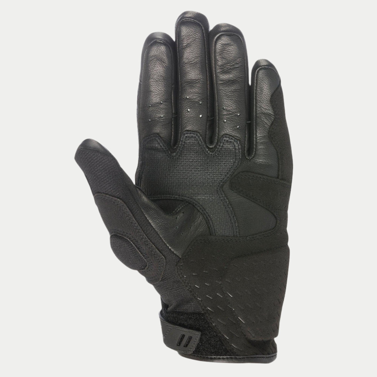 Alpinestars C-30 Drystar® handschoenen, zwart, zicht op de handpalm met synthetische suède versterkingen met schuimvulling, PU-gecoate gripvlakken op de duim en handpalm, en verstelbare klittenband polssluiting, waterdichte motorhandschoenen