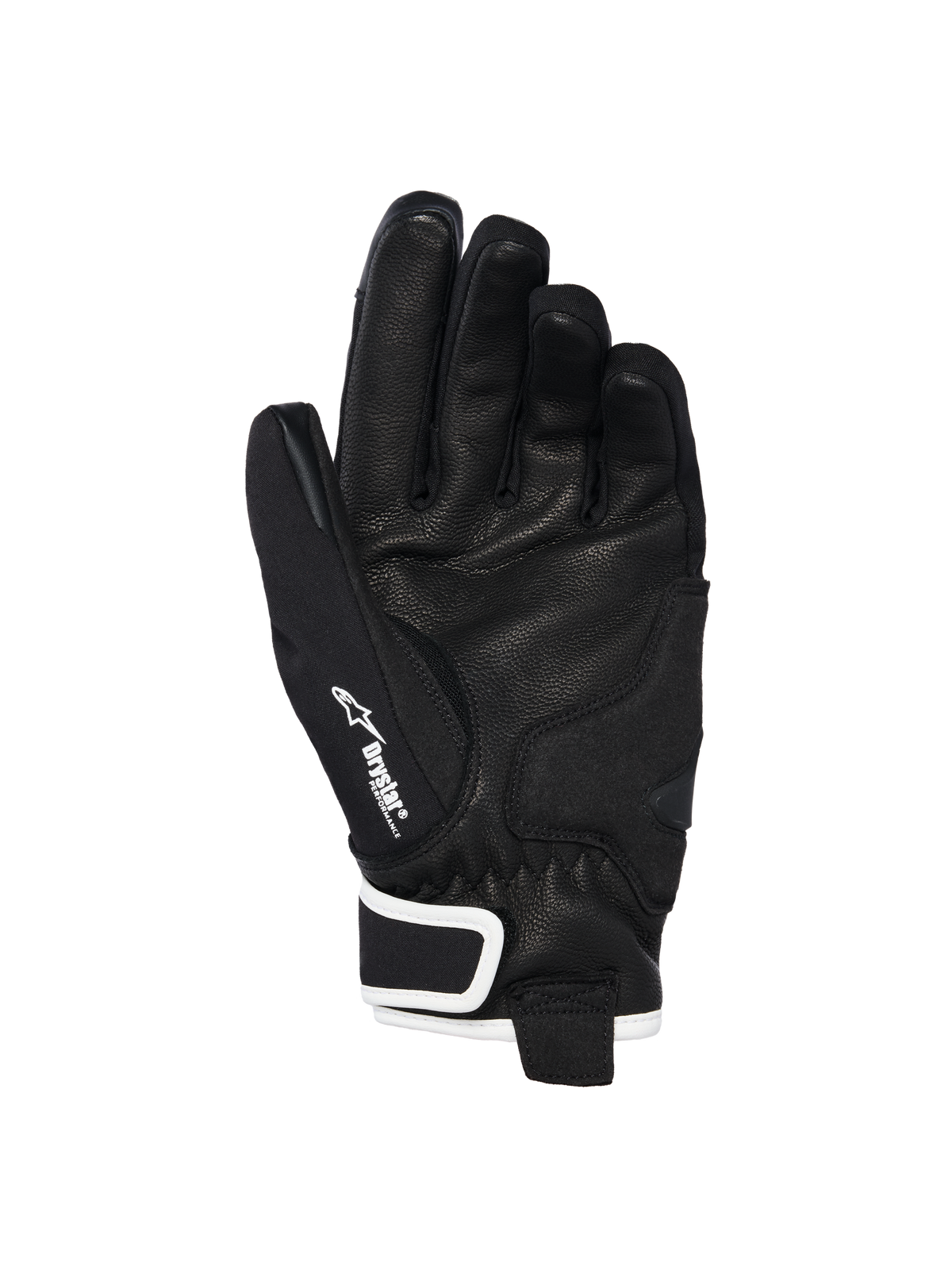Alpinestars Stella Moblast Waterproof handschoenen, zicht op de handpalm, zwart met witte accenten, voorzien van geitenlederen palm, Alpinestars-logo en Drystar-branding op de duim, motorhandschoenen met kort manchet voor dames