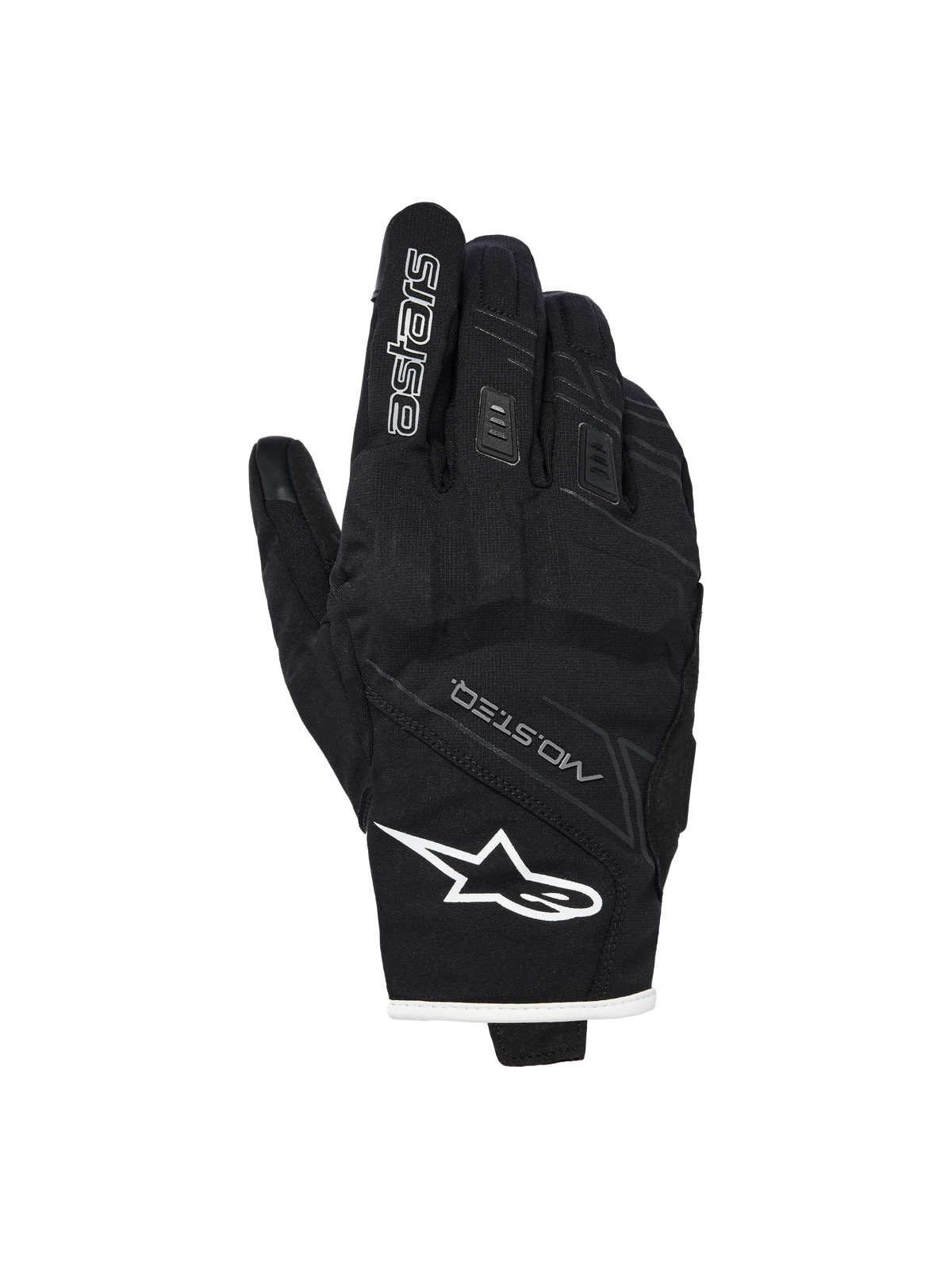 Alpinestars Stella Moblast waterdichte handschoenen, dames motorhandschoenen, zwart met witte bies, bovenaanzicht met Alpinestars-logo, MO.ST.EQ-branding en zachte knokkelbescherming