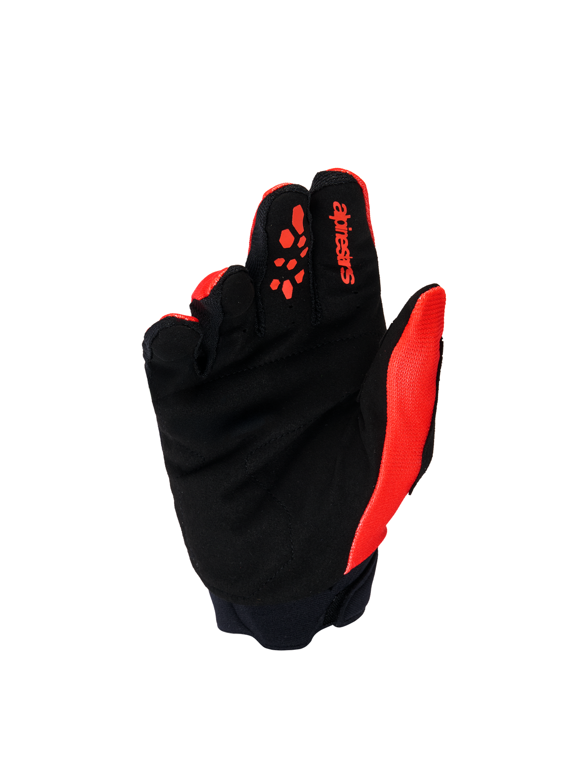 Alpinestars Youth & Kids Full Bore V2 handschoenen, motorcrosshandschoenen, felrood en zwart, handpalmaanzicht met versterkt zwart synthetisch suède en rode siliconen grippatronen op de vingers, duurzame off-road uitrusting voor jonge rijders