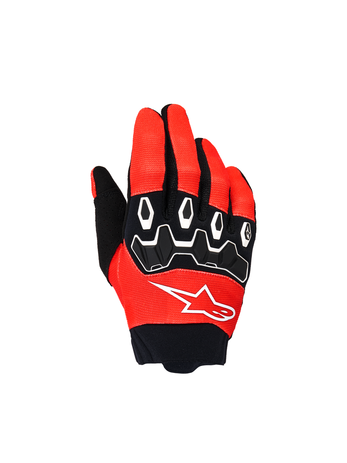Alpinestars Youth & Kids Full Bore V2 handschoenen, motorcross racehandschoenen, helderrood en zwart, bovenaanzicht met zwarte TPR-knokkelbeschermers met witte accenten en wit Astar-logo, duurzaam textielontwerp voor off-road rijden