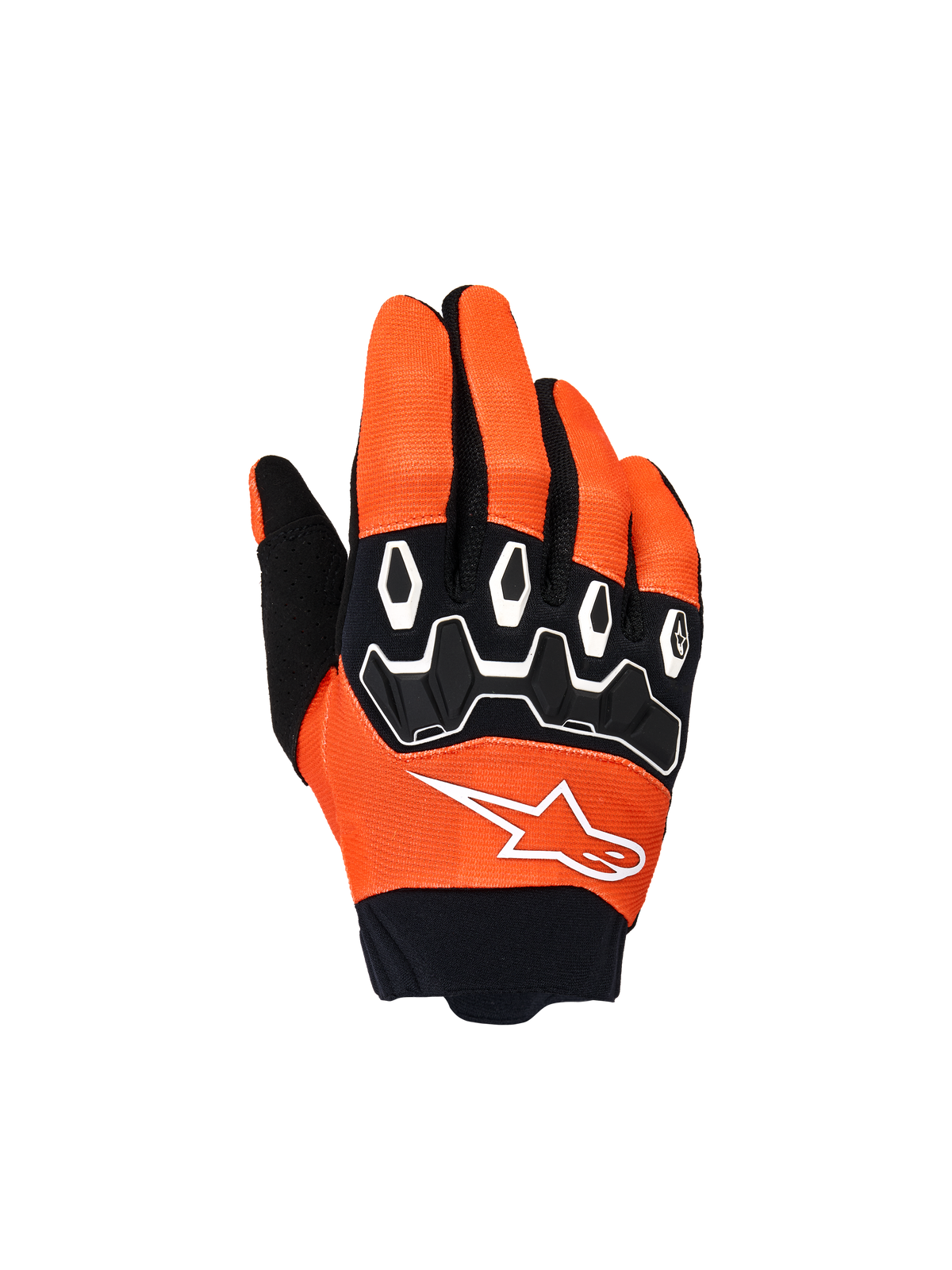 Alpinestars Youth & Kids Full Bore V2 handschoenen, motorcrosshandschoenen, oranje, wit en zwart, met zwarte TPR-knokkelbescherming met witte geometrische patronen, wit sterlogo en zwarte neopreen manchet, jeugd off-road uitrusting