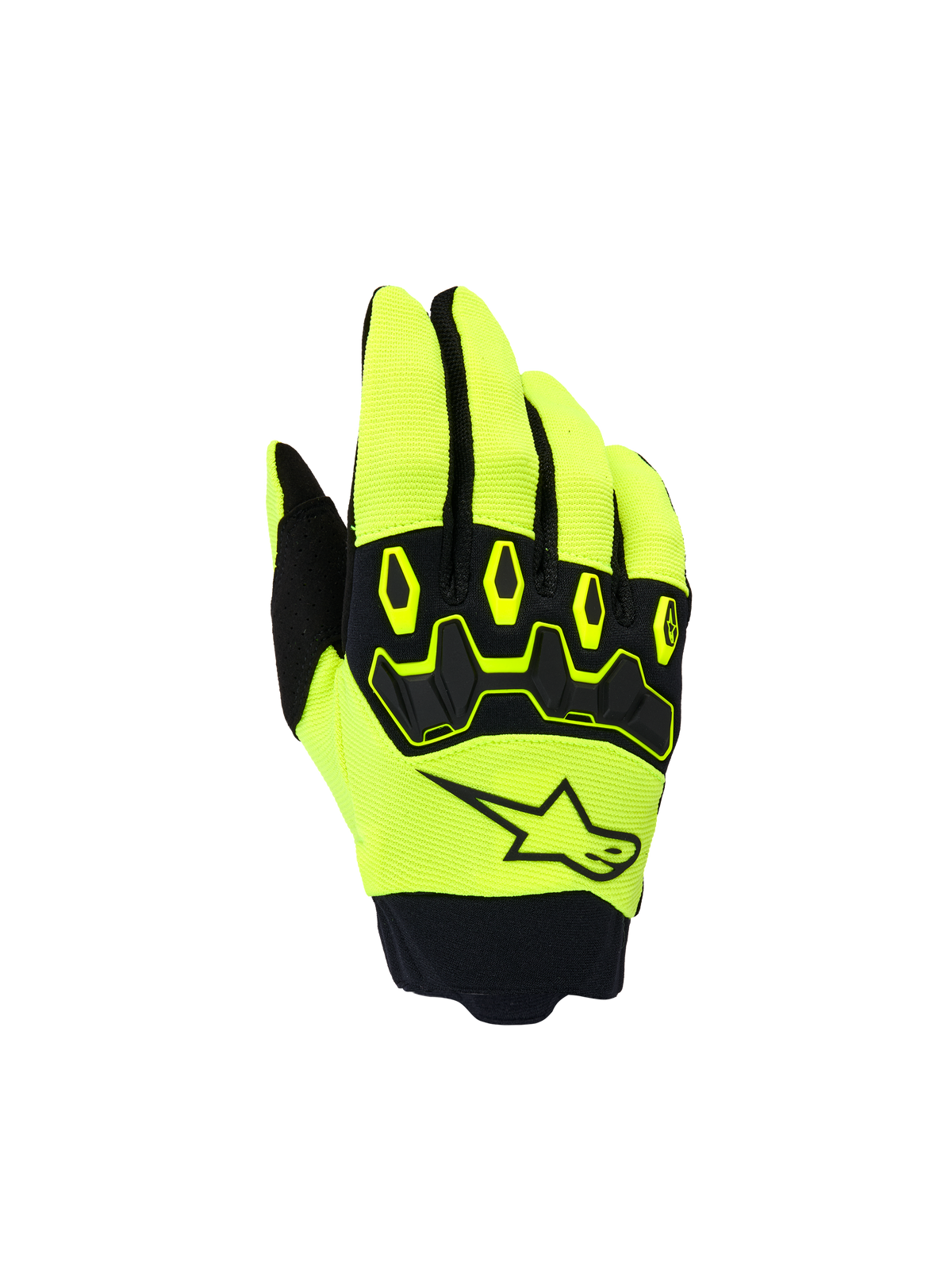 Alpinestars Youth & Kids Full Bore V2 handschoenen, motorcross handschoenen voor kinderen, fluogeel en zwart, bovenaanzicht met een zwart sterlogo en ergonomische TPR-knokkelbescherming, sportief ontwerp voor off-road racen