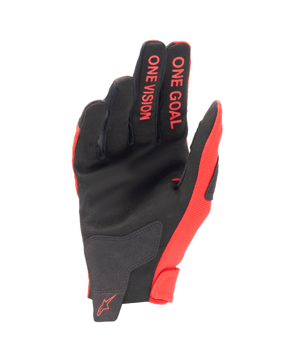 Alpinestars Jeugd 2024 Radar-handschoenen, motorcross handschoenen, Mars rood en zwart, handpalm-aanzicht met synthetische suède constructie, 'ONE GOAL ONE VISION' tekst op de vingers, lichtgewicht off-road race-uitrusting